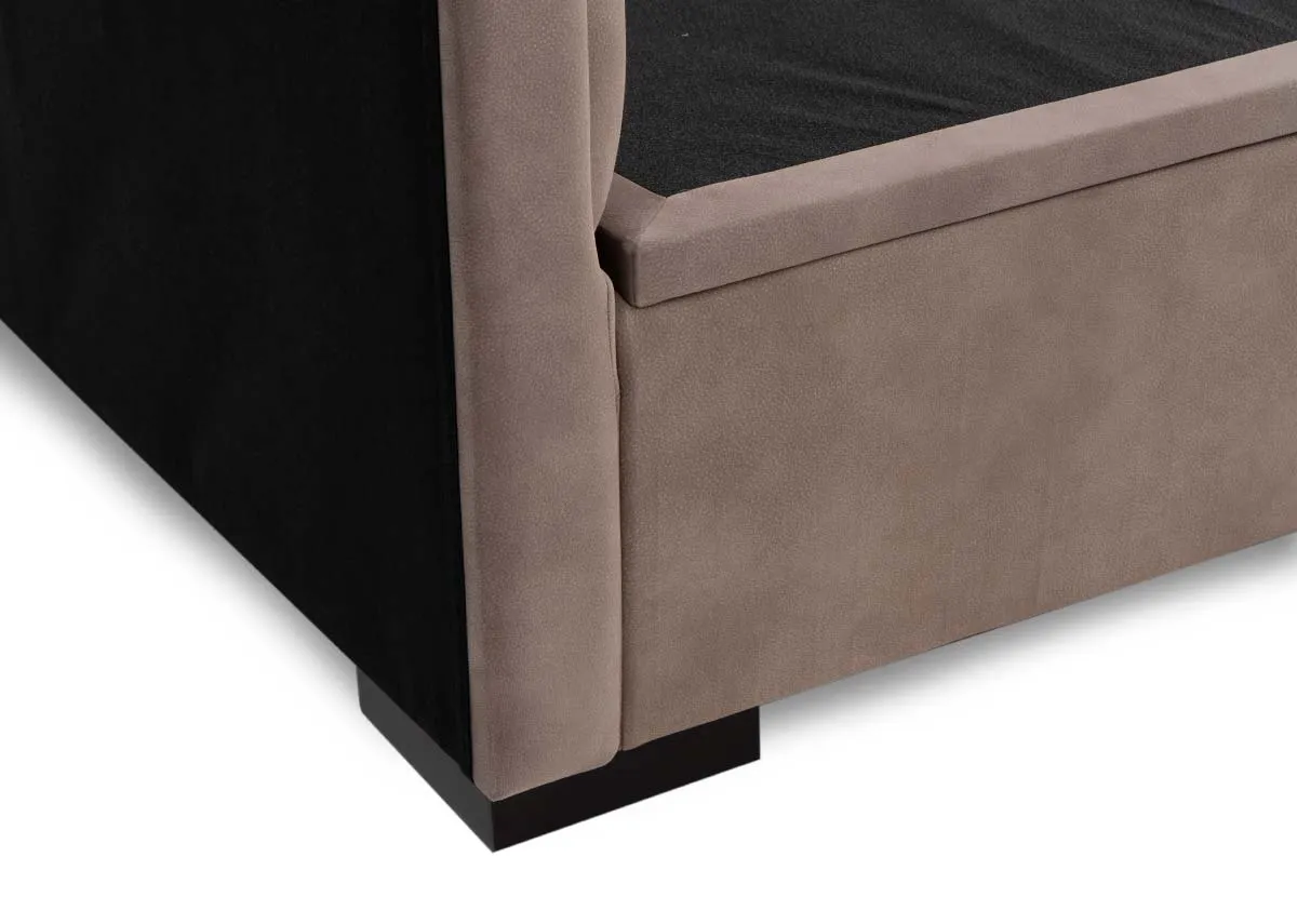 A mocha brown 5ft fabric ottoman bed from EZ Livings Sadie range.Front view of panel padded headboard.