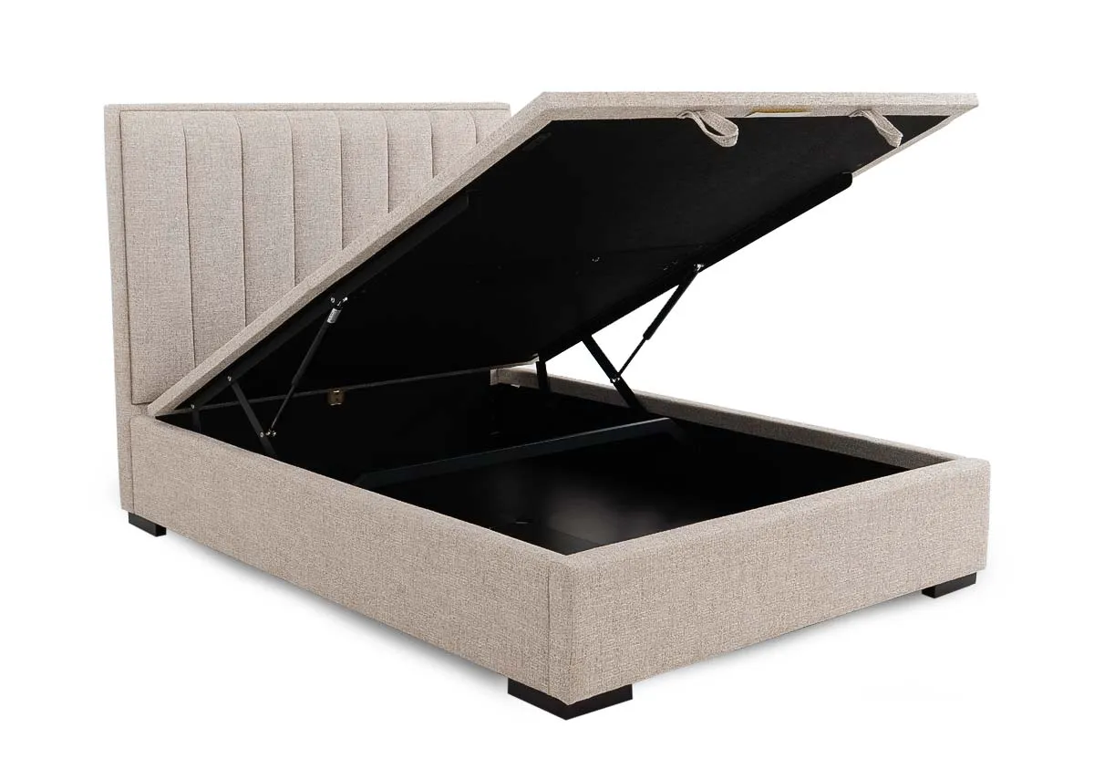 A beige fabric ottoman bed from EZ Livings Liberty range. Closeup of fabric finish and flat base