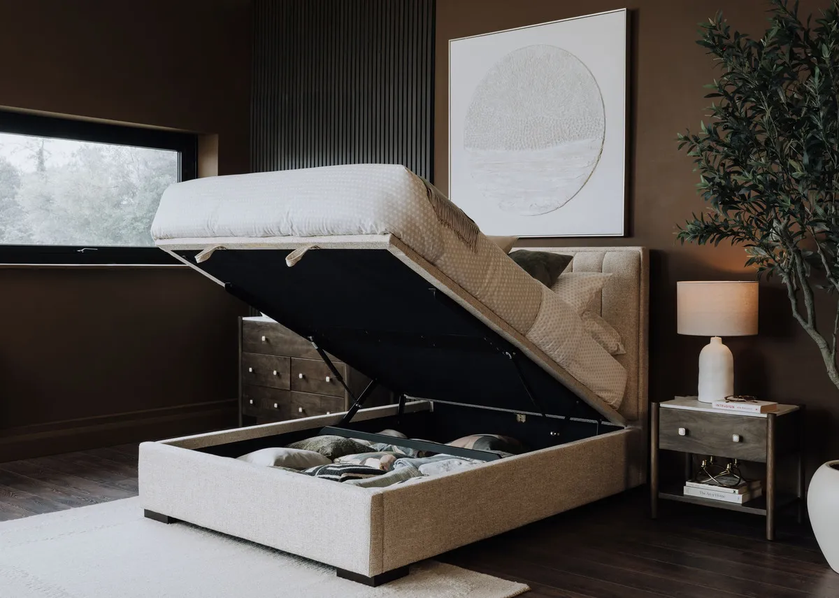 King Size (5ft) Beige Fabric Ottoman Bed - Liberty