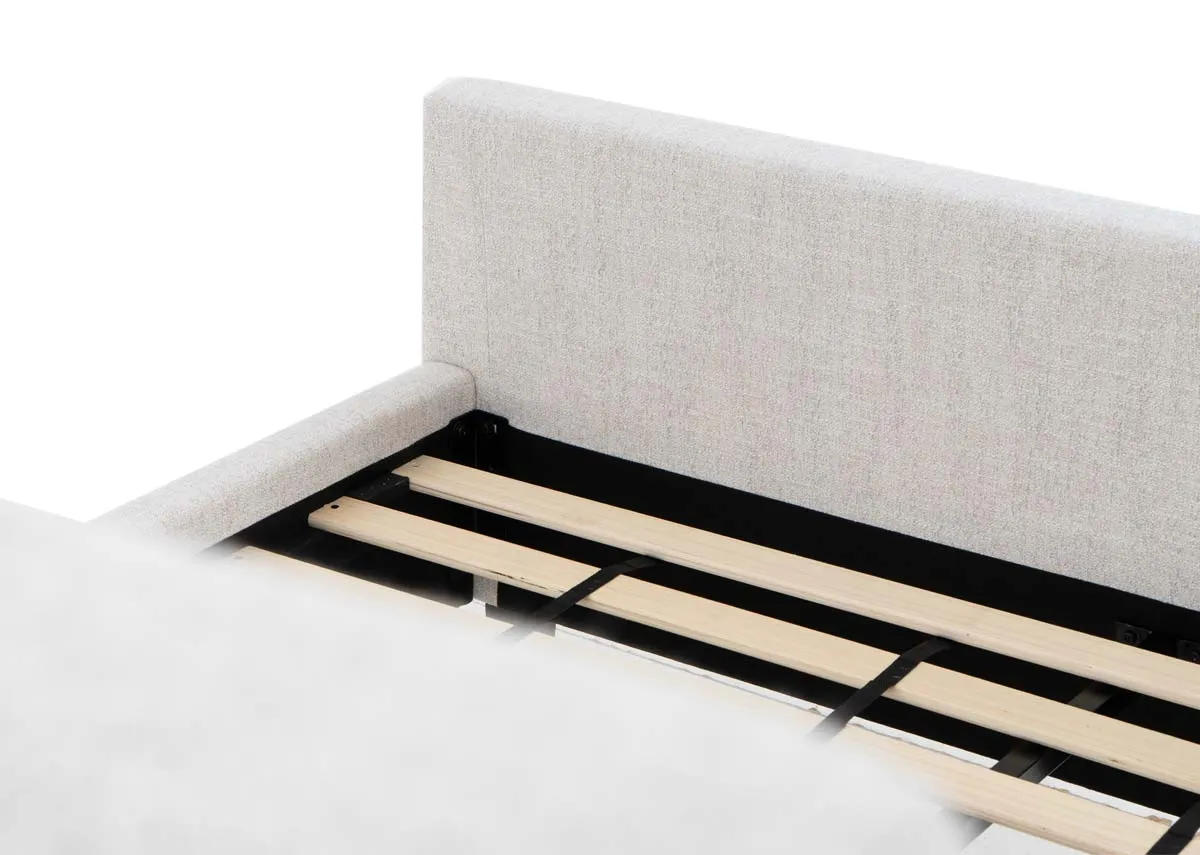 A 4ft6 double bedframe with closeup on the slat wood frame and high footboard.