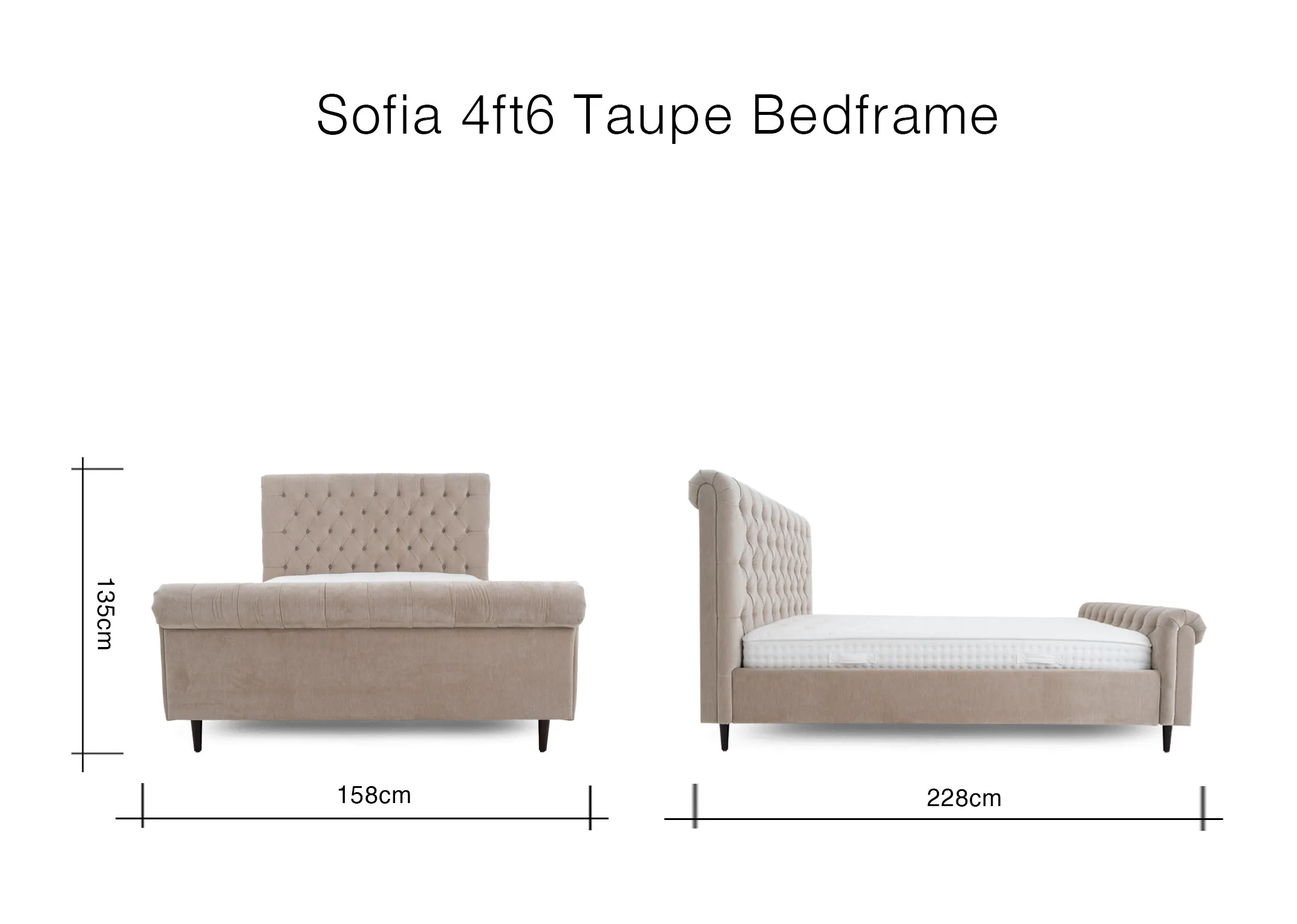 A dimension image of the Sofia 5ft Taupe bed with 158cm x 228cm x 135cm