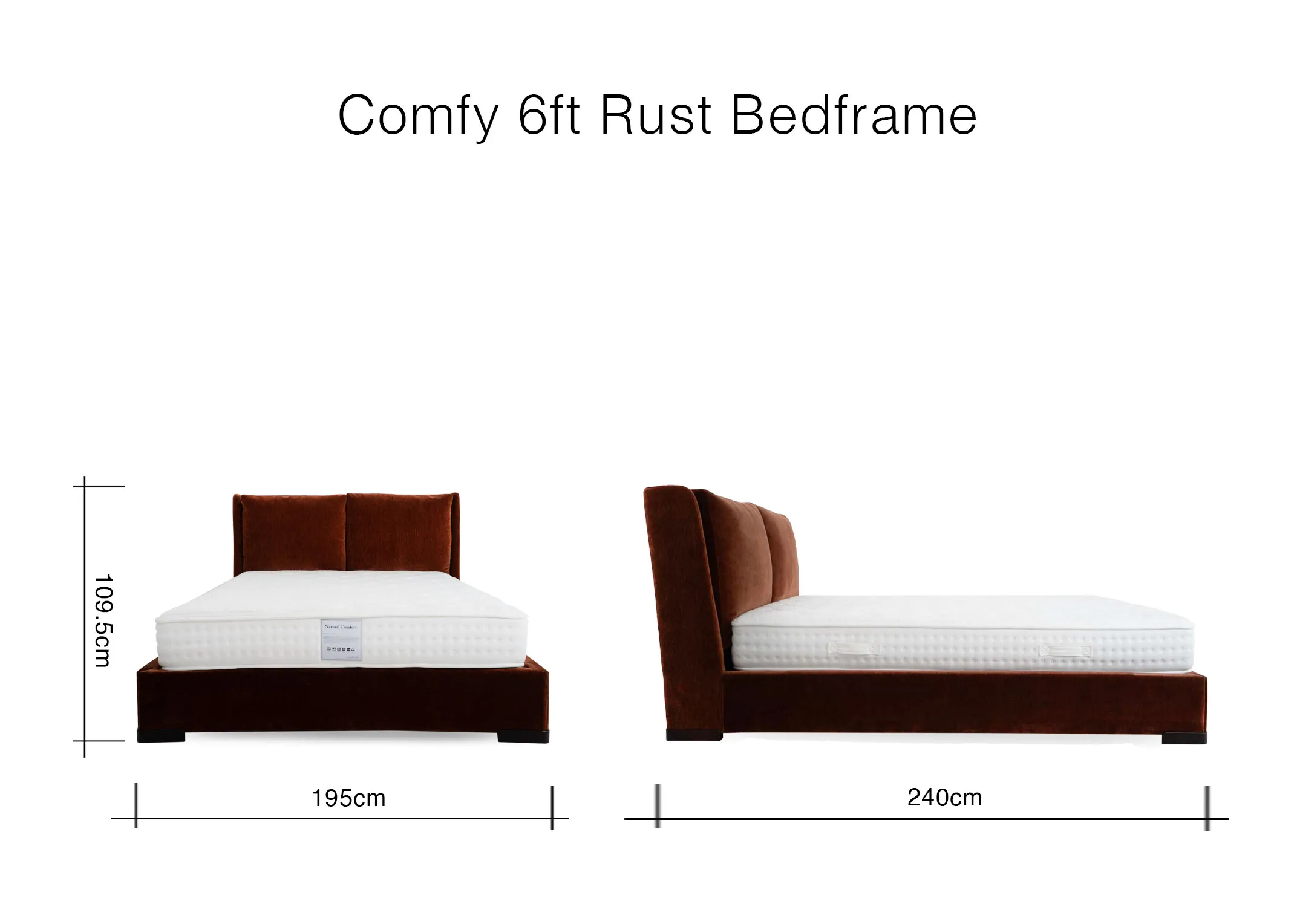 A dimension image of the Comfy 6ft bedframe with 195cm x 240cm x 109.5cm