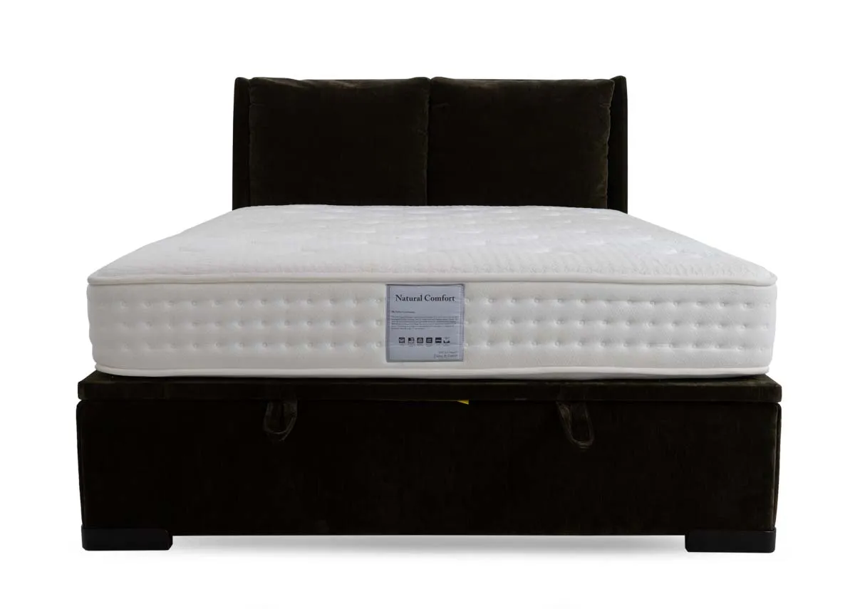 A green fabric ottoman bed with mattres from EZ Livings Comfy range. Side view