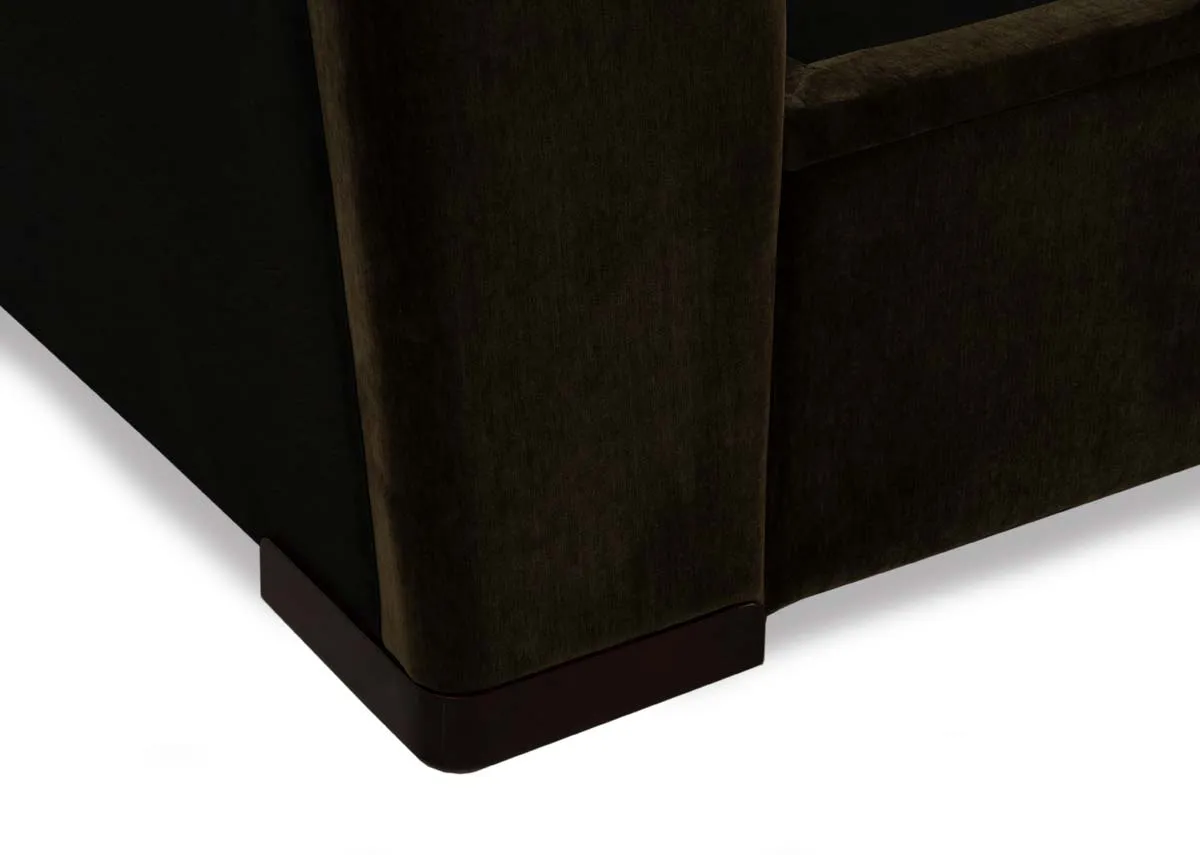 A green fabric ottoman bed with mattres from EZ Livings Comfy range. Angled view of hinge