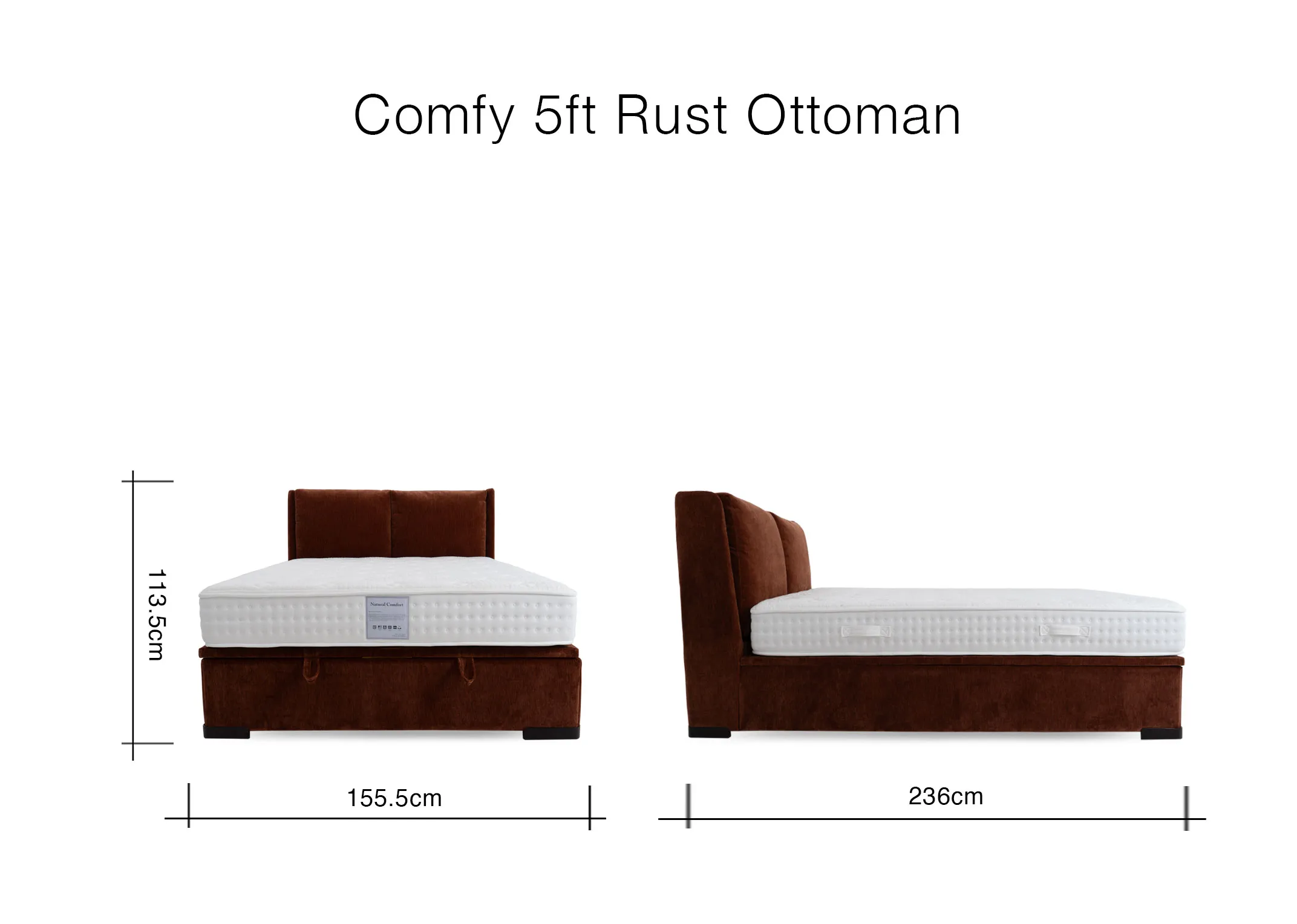 A dimension image of the Comfy 5ft Ottoman with 155.5cm x 236cm x 113.5cm
