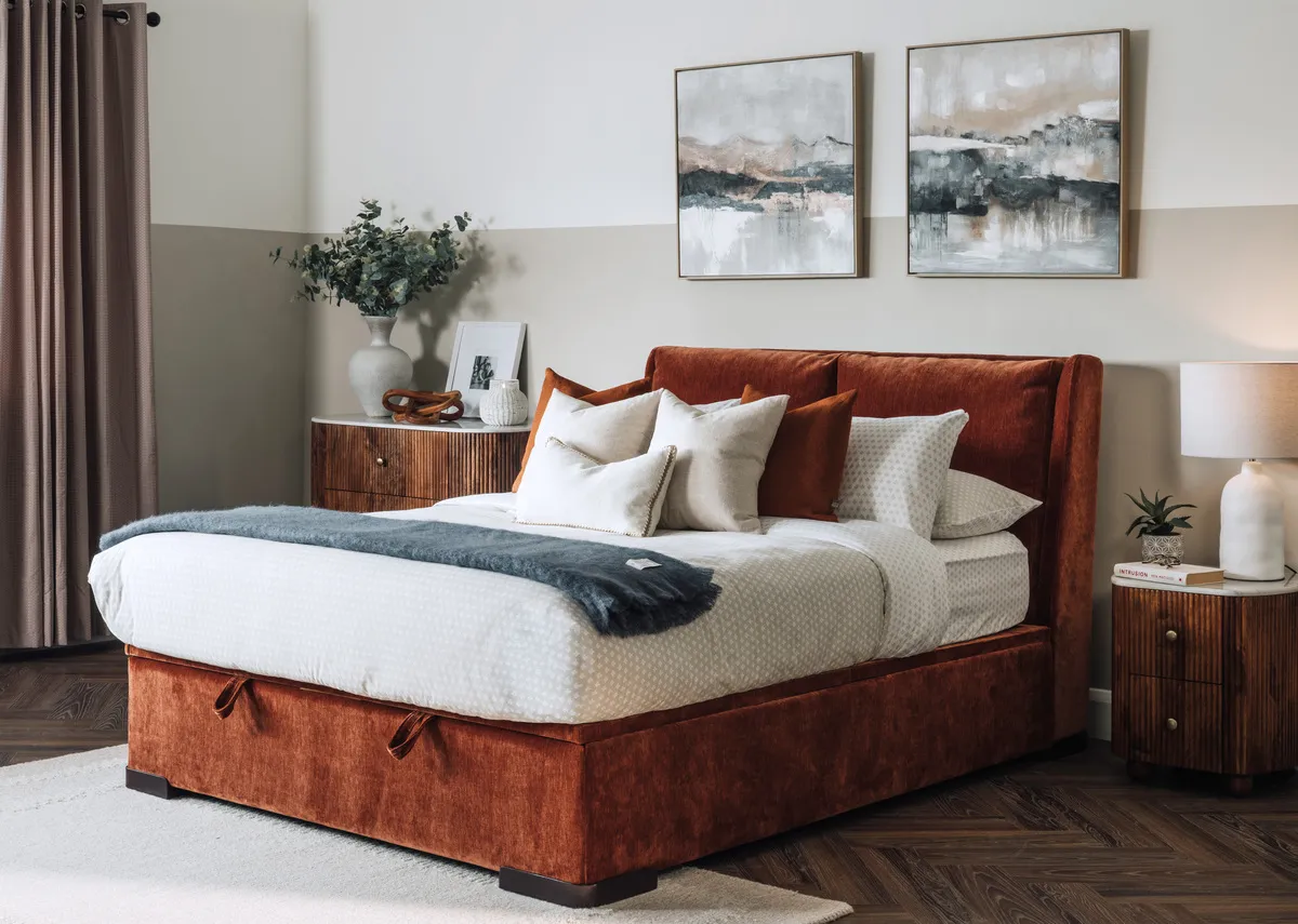 Super King (6ft) Rust Fabric Ottoman Bed - Comfy