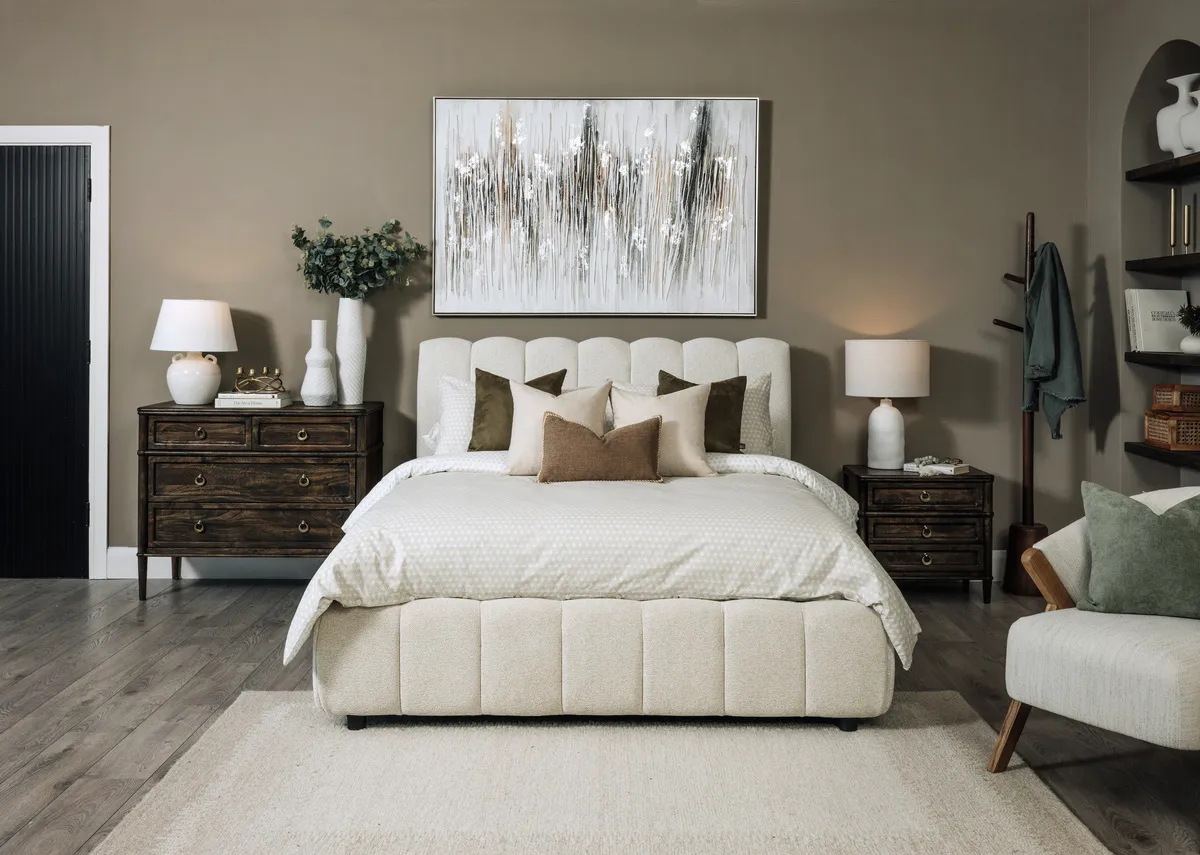 A cream fabric 4ft6 bedframe from EZ Livings Julia range. Front view of cloudlike bed with mattress not included.