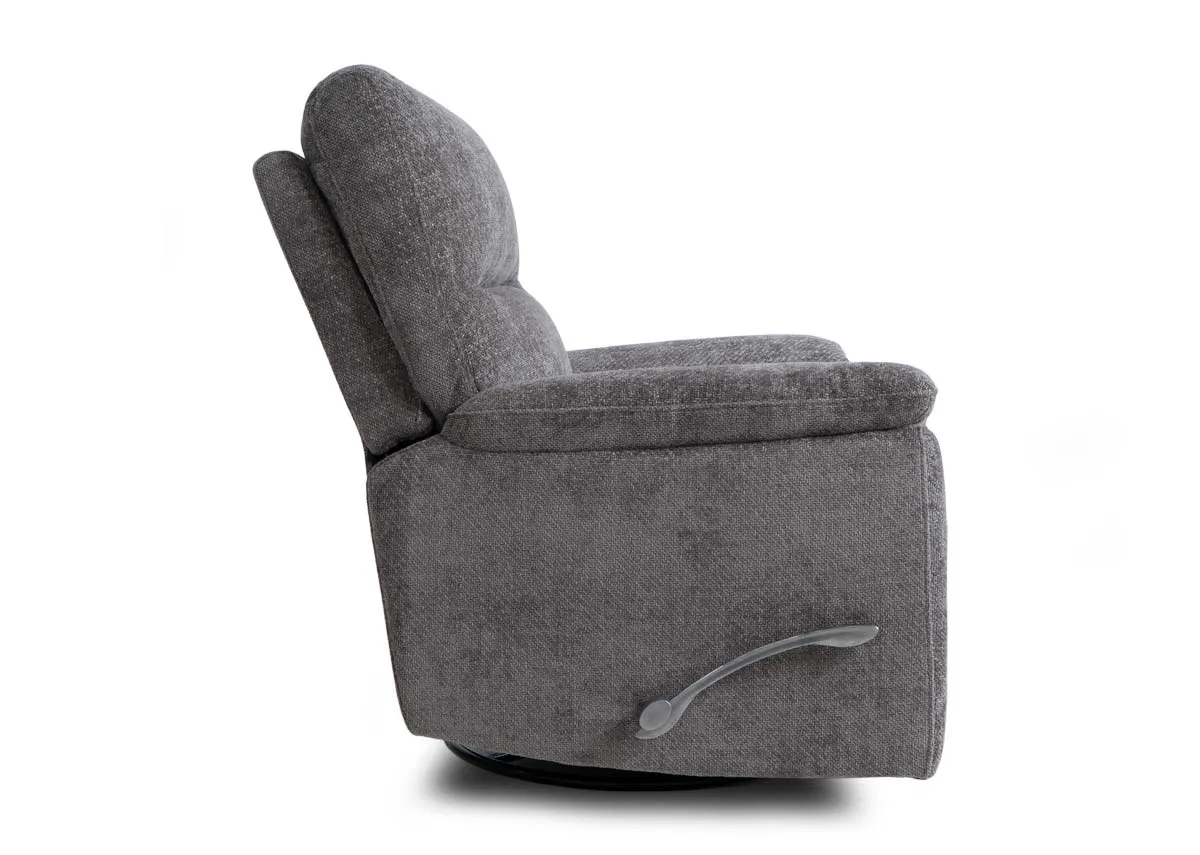 A light grey rocker recliner from EZ Livings Annalee range. Side  view of chair fixed level down