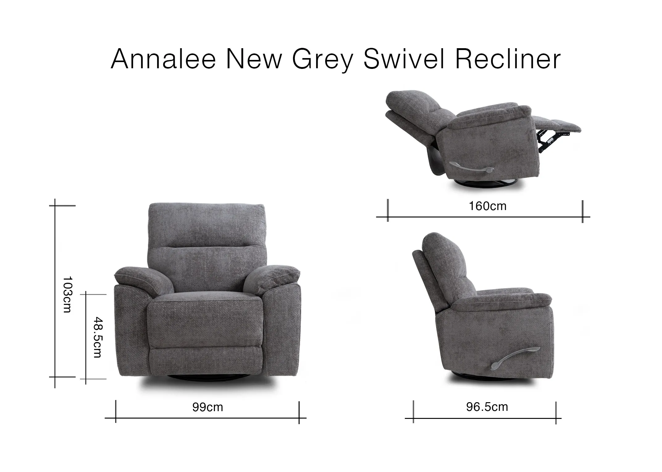 A dimension image of the Annalee Swivel Rocker with 99cm x 160cm x 103cm