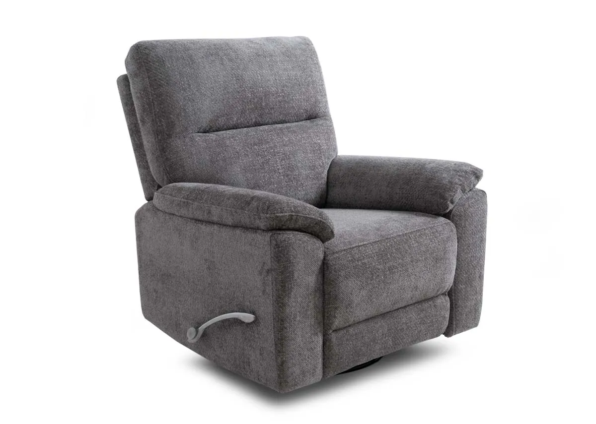 A light grey rocker recliner from EZ Livings Annalee range. Angled view of chair fixed with lever to side.