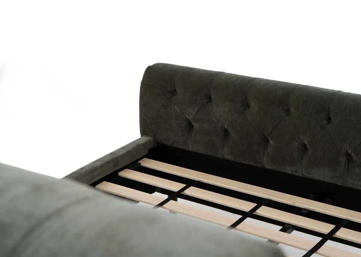 A dimension image of the Sofia light green  bed with 158cm x 228cm x 135cm