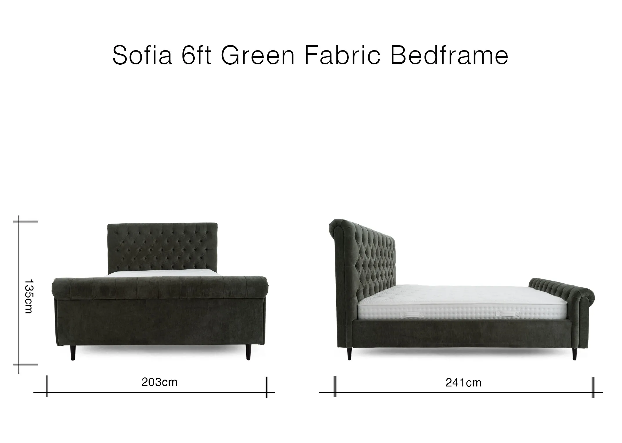 A dimension image of the Sofia 6ft green bedframe with 203cm x 241cm x 135cm