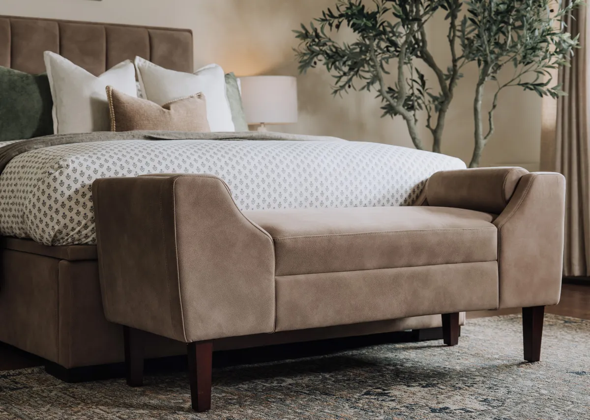 A lifestyle image of the Ebony mocha bench with the Sadie mocha bed