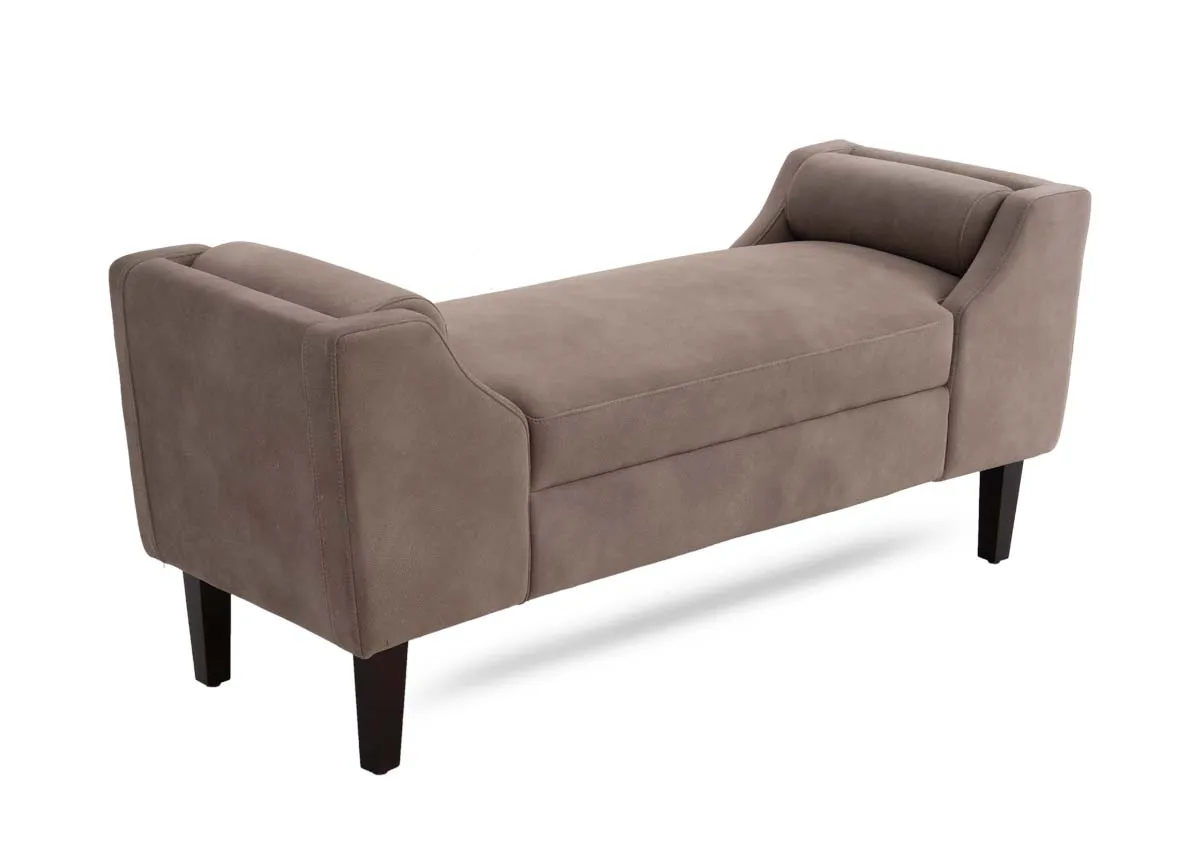 A soft mocha fabric upholstered bench from EZ Livings Ebony range.Angled view of bedroom bench with room to sit and rest feet