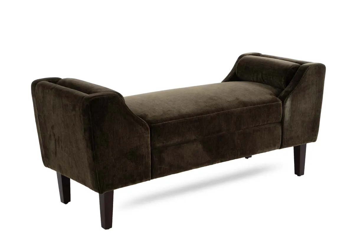 A green fabric bench from EZ Livings Comfy range. Angled view