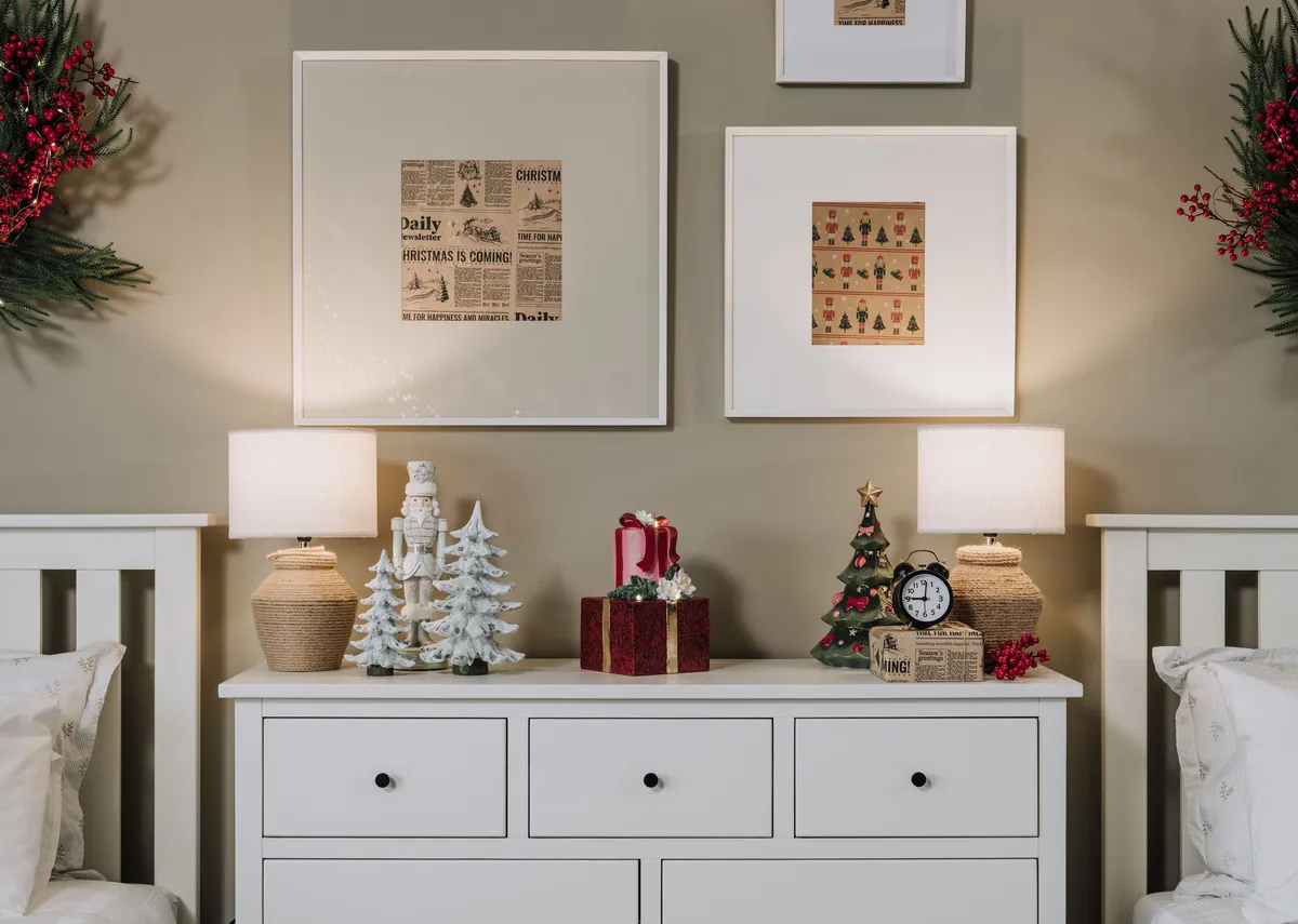 A lifestyle image of the Atlas chest with Slany lamp with resin tree and gifts ornament with trees.