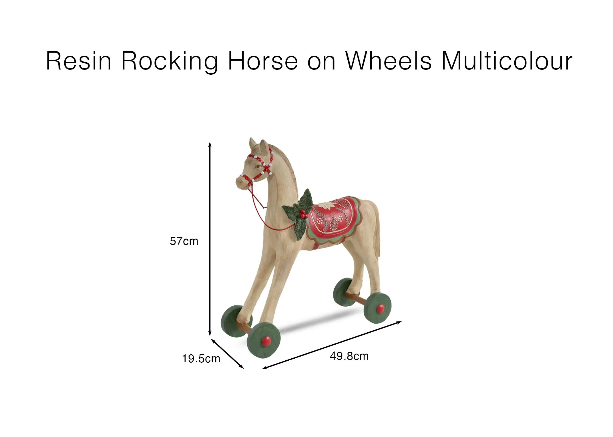 A dimension image of the Resin Rocking horse with 49.5cm x 57cm x 19.5cm