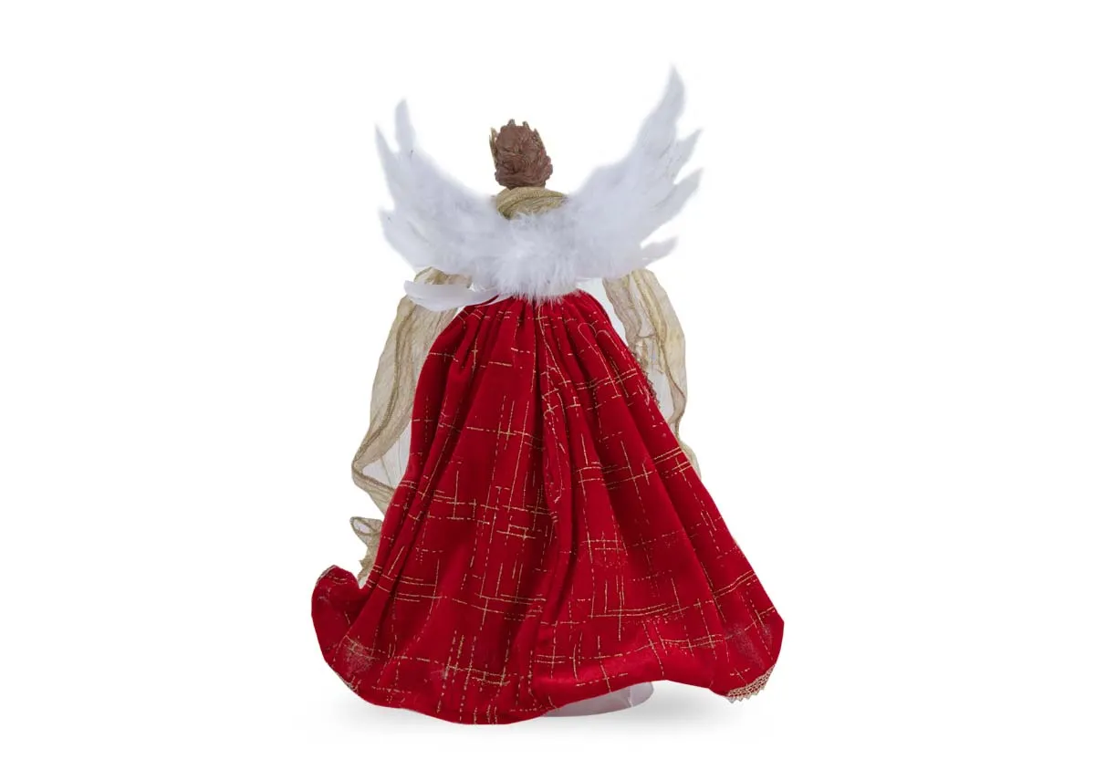 A traditional angel tree topper from EZ Livings Christmas range.Back view shows white wings and red cape