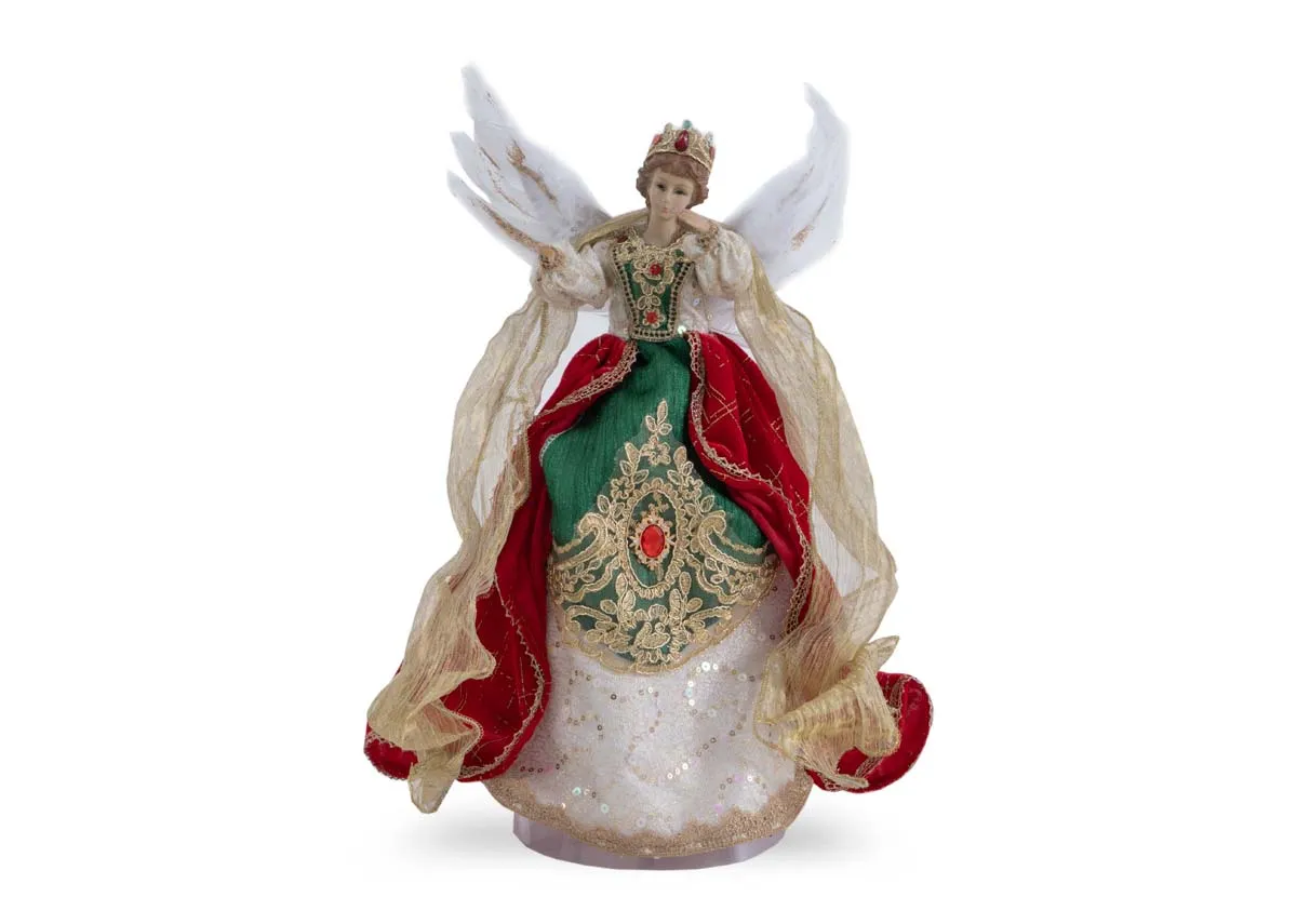 A traditional angel tree topper from EZ Livings Christmas range. Front view of red and green gown on white winged angel with golf headress 