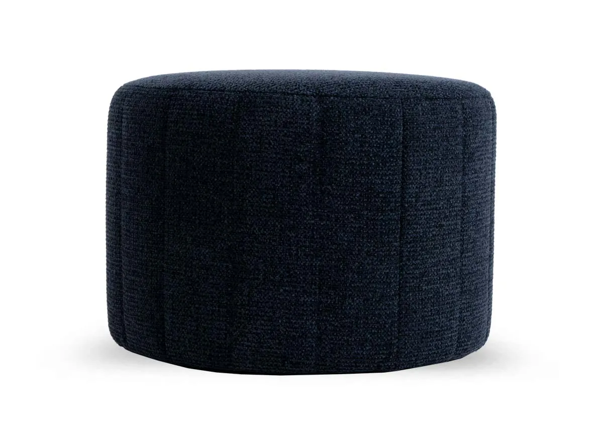 A round navy fabric footstool from EZ Livings Alexo range.Front view