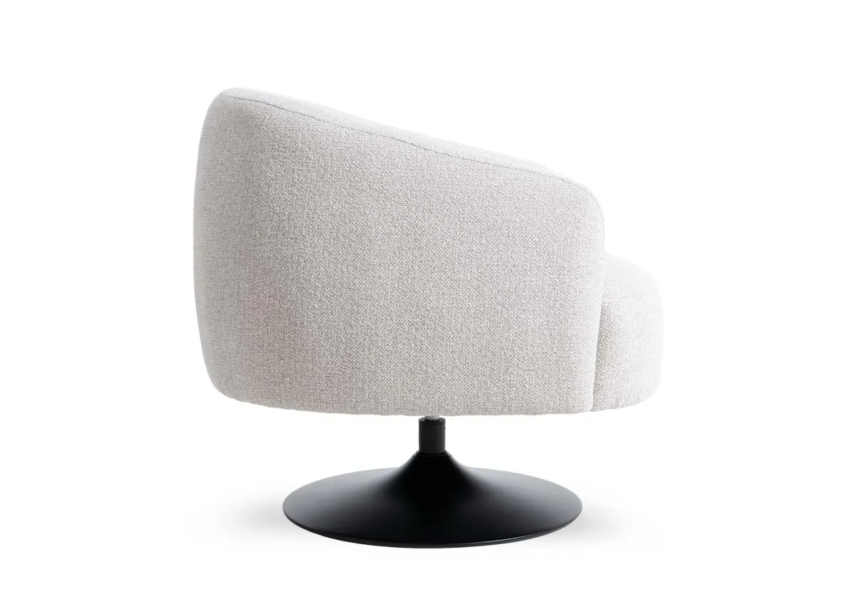 A light grey curved barrel swivel chair from EZ Livings Fusion range.Side view of high sides.