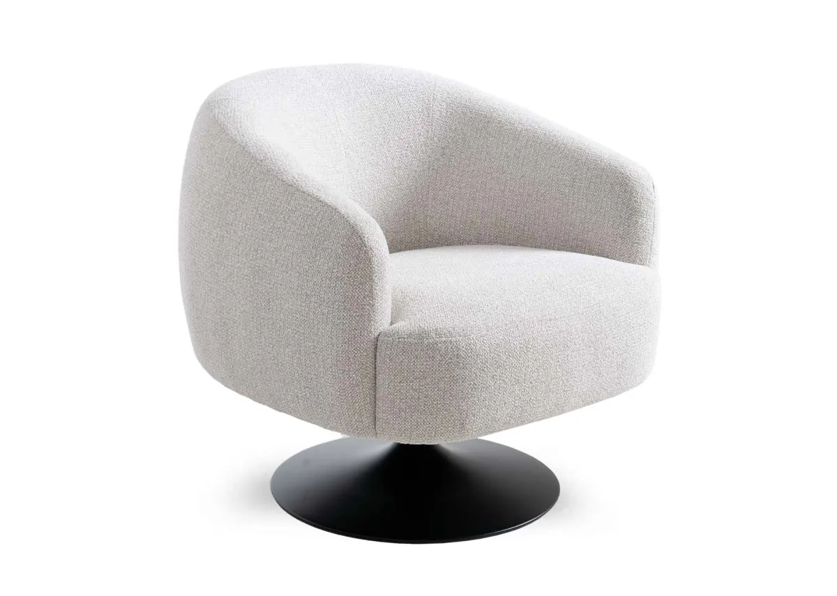 A light grey curved barrel swivel chair from EZ Livings Fusion range. Angled view