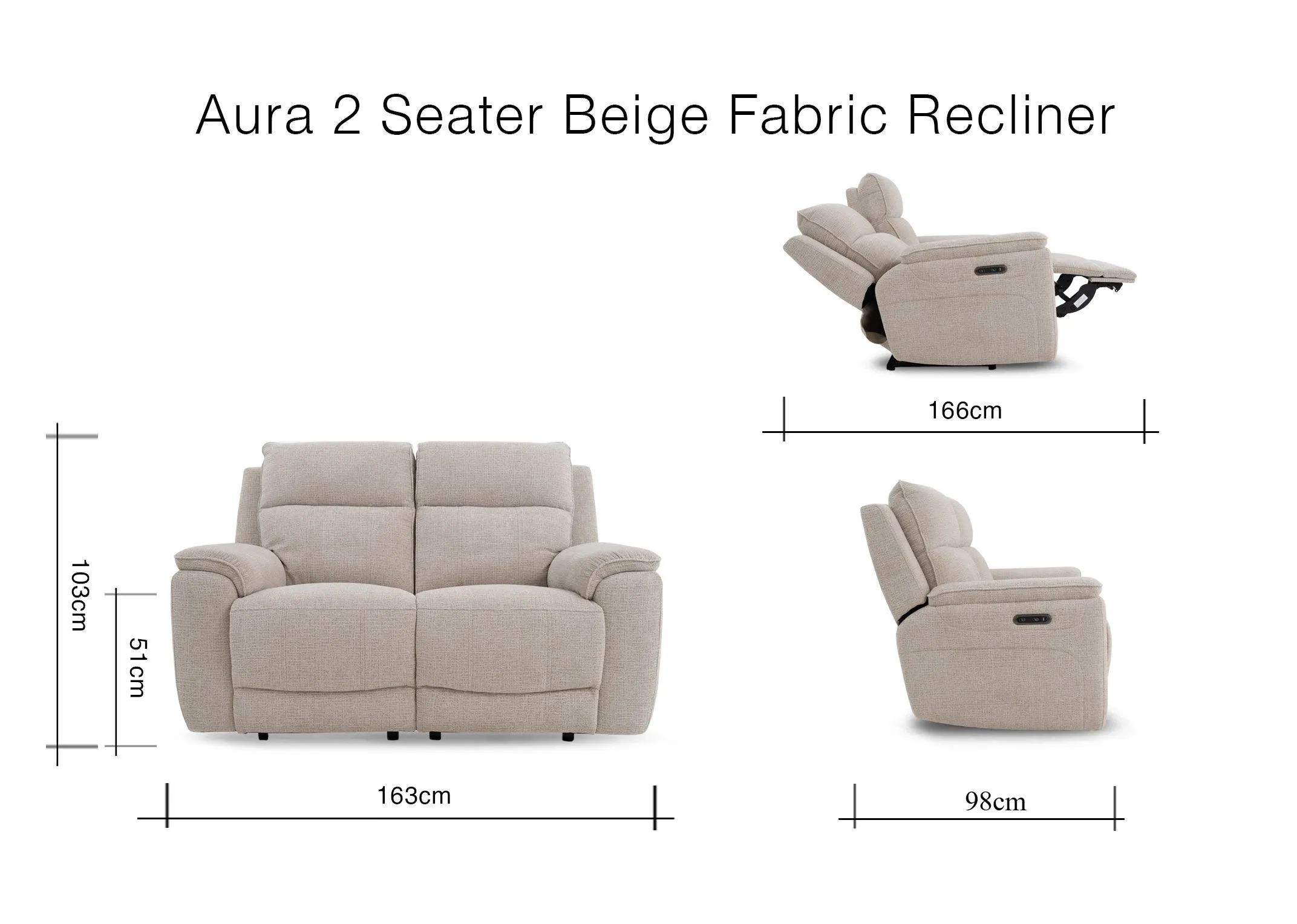 A dimension image of the Aura beige 2 seater recliner with 163cm x 98cm-166cm