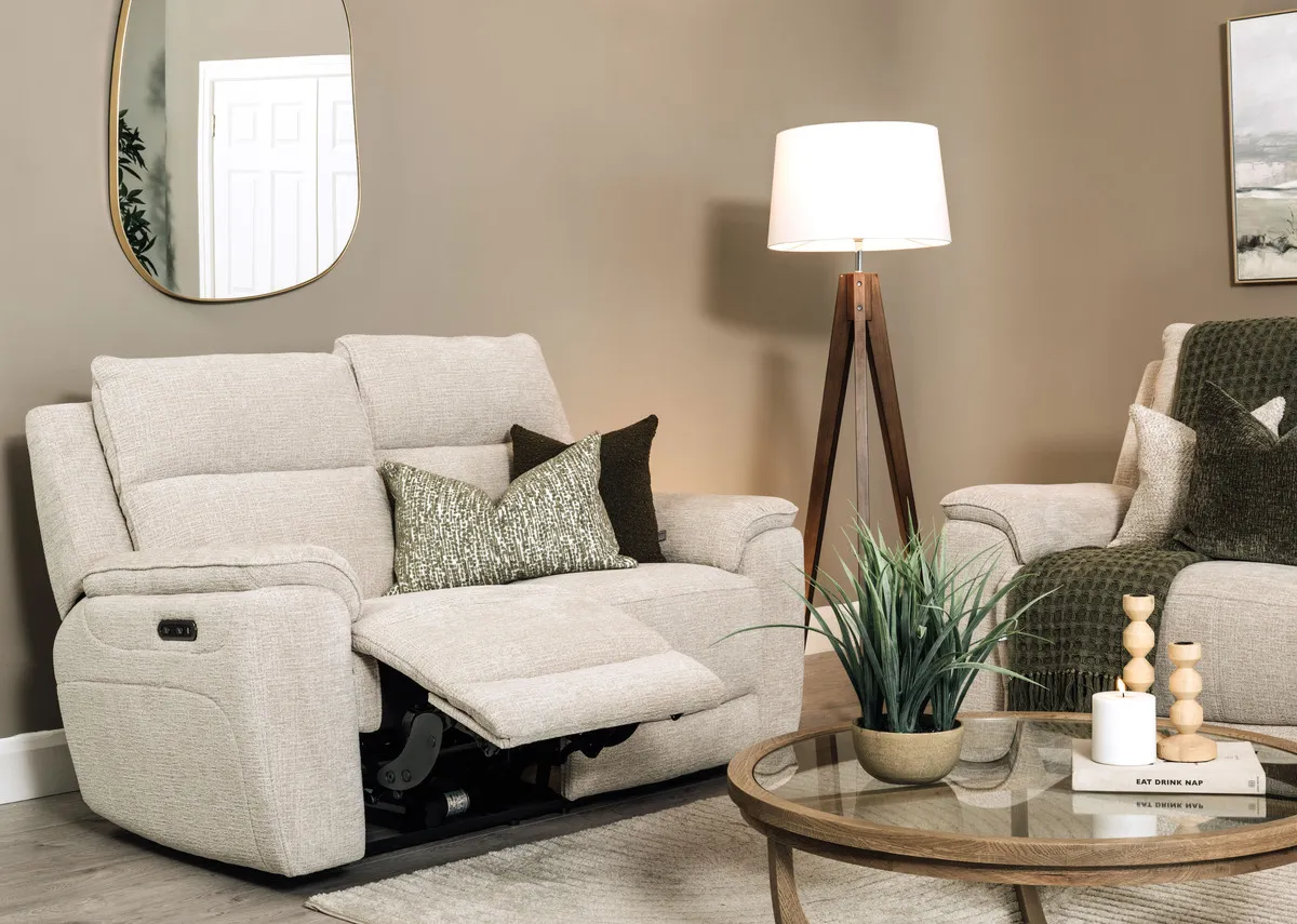 2 Seater Beige Fabric Power Reclining Sofa - Aura