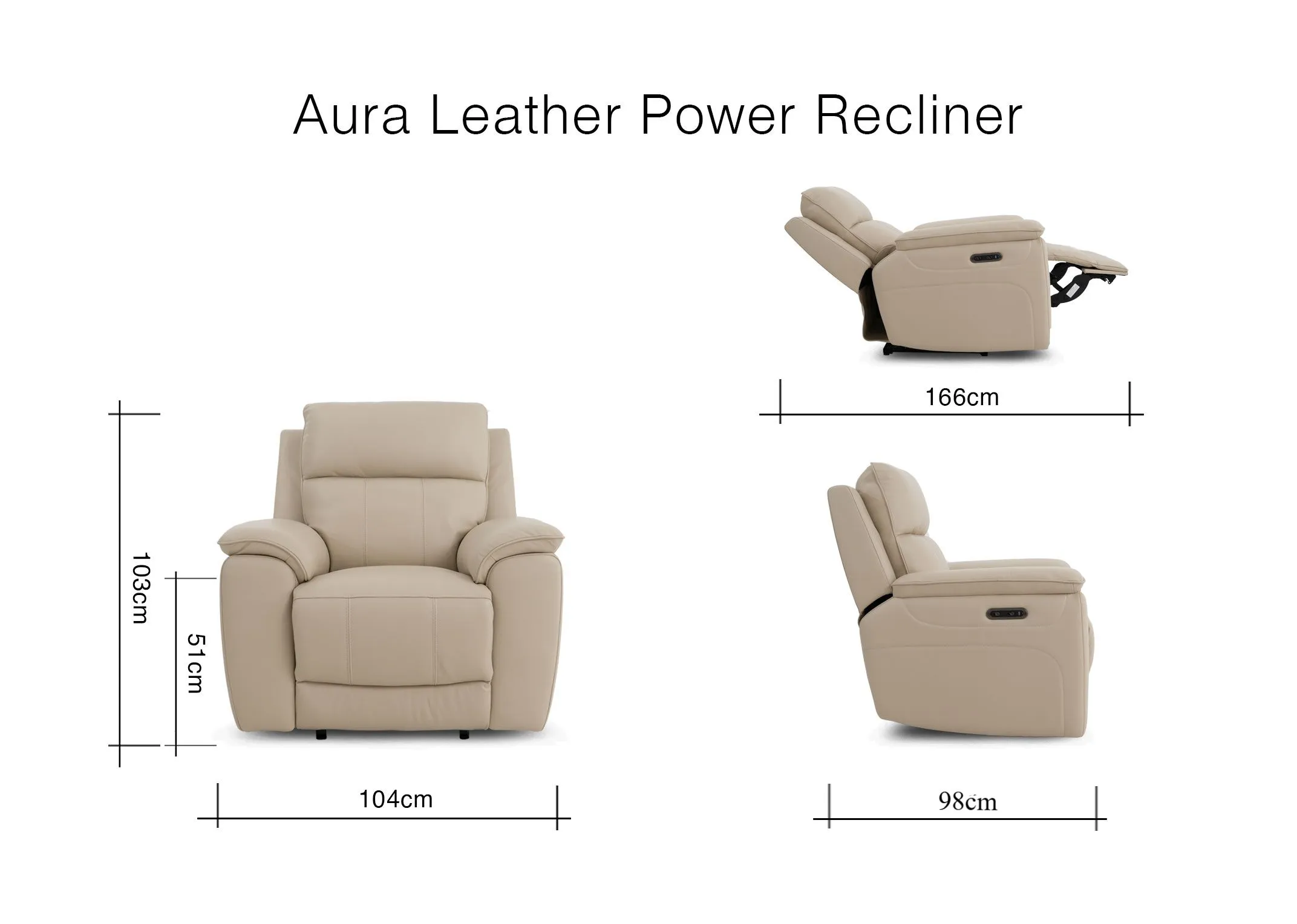A dimension image of the Aura Beige Recliner 104cm x 103cm x 98-166cm