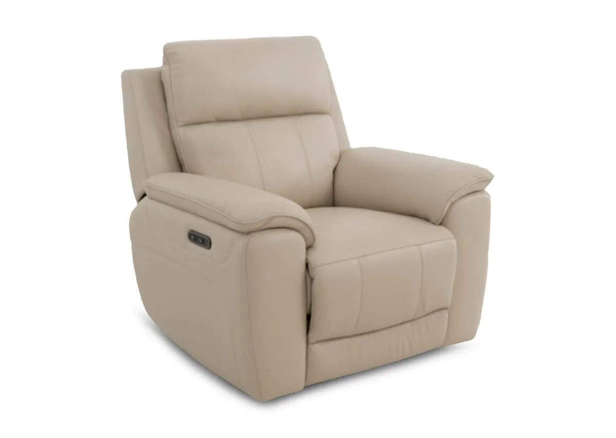 A beige leather power recliner from EZ Livings Aura range. Angled view 