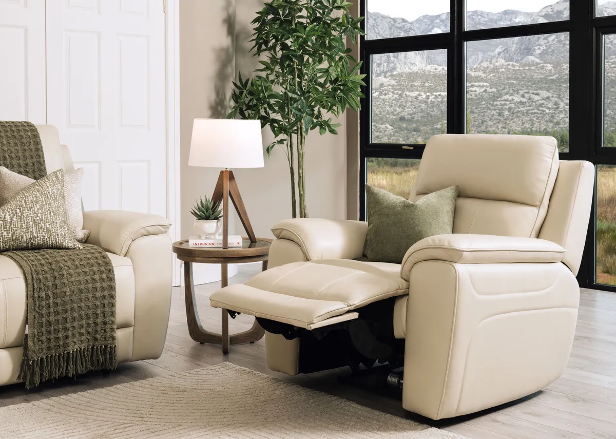 Beige Leather Power Recliner - Aura