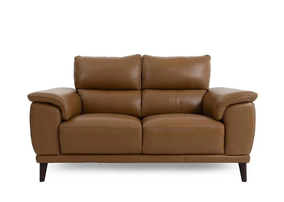 A tan leather 2 seater sofa from EZ Livings Savoy range.Front view
