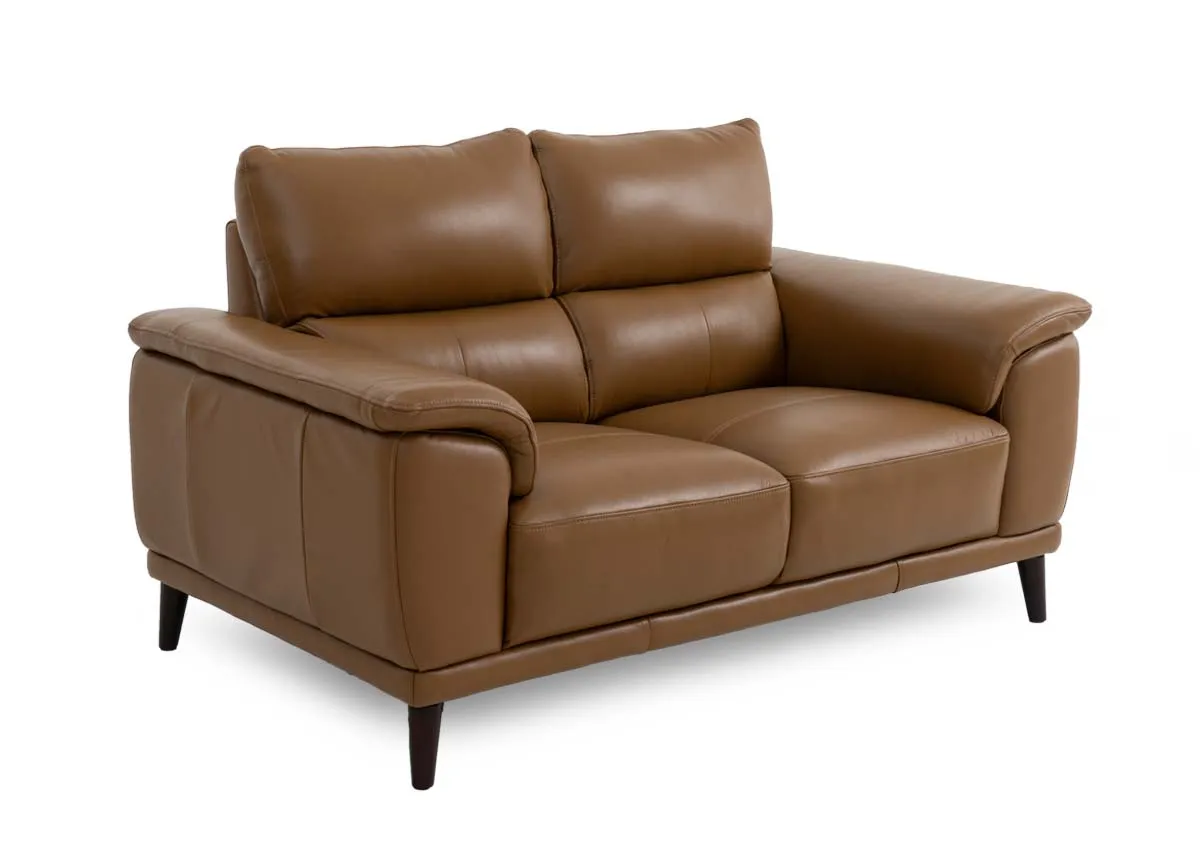 A tan leather 2 seater sofa from EZ Livings Savoy range. Angled view