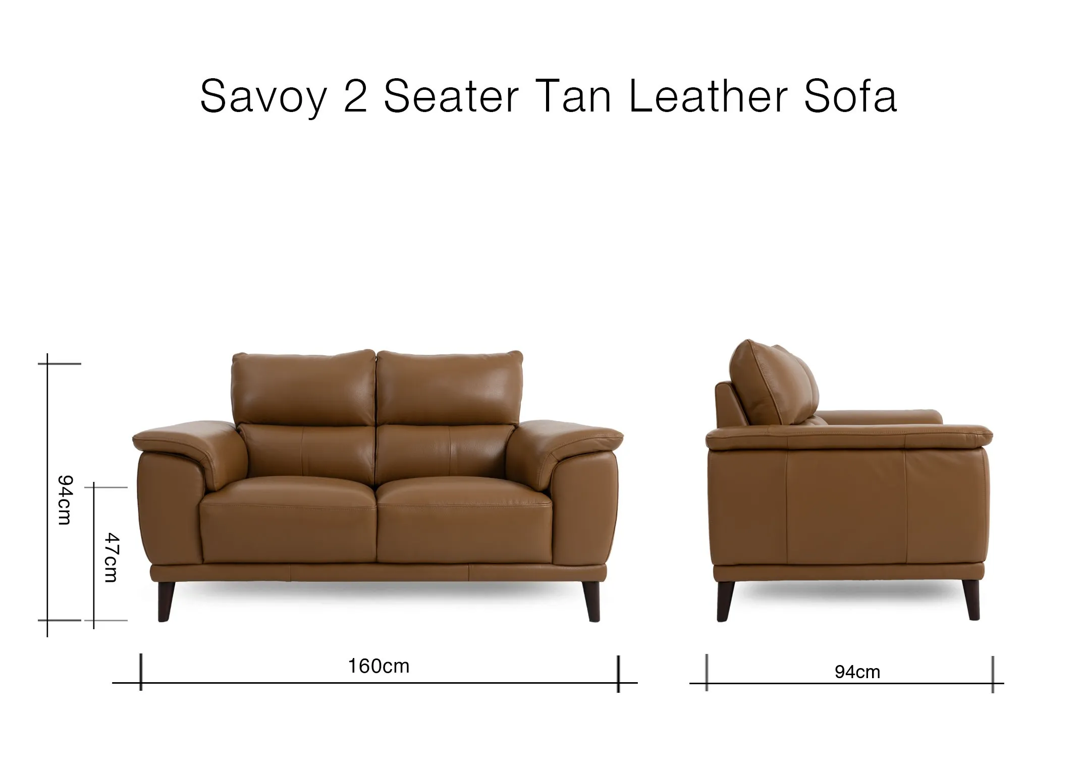A dimension image of the Savoy 2 seater sofa with 160cm x 94cm x 94cm