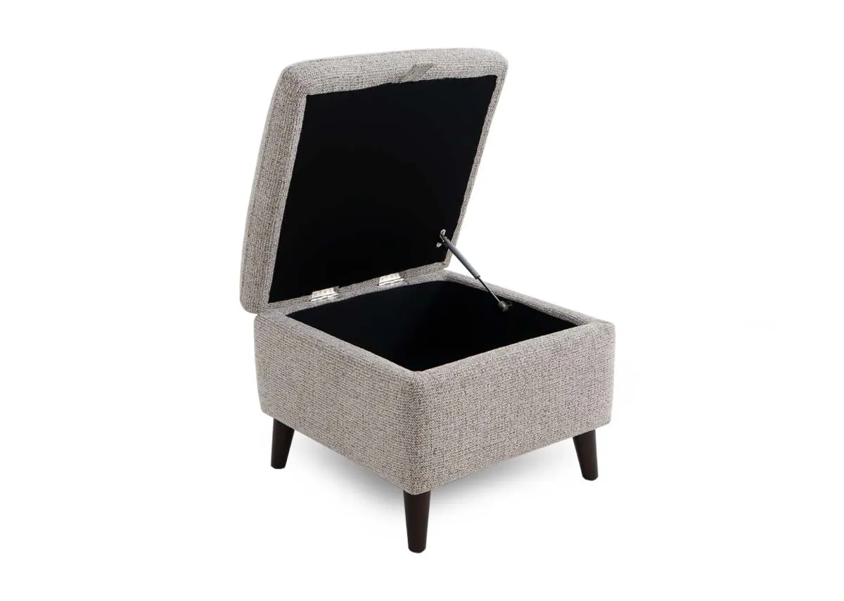 A beige fabric storage footstool from EZ Livings Savoy range. Angled view with lid lifted showing storage.