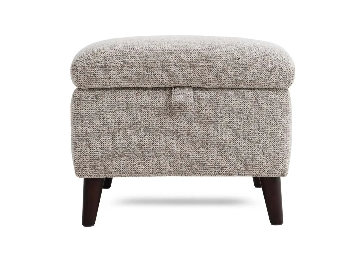 A beige fabric storage footstool from EZ Livings Savoy range. Front view of tapered walnut legs