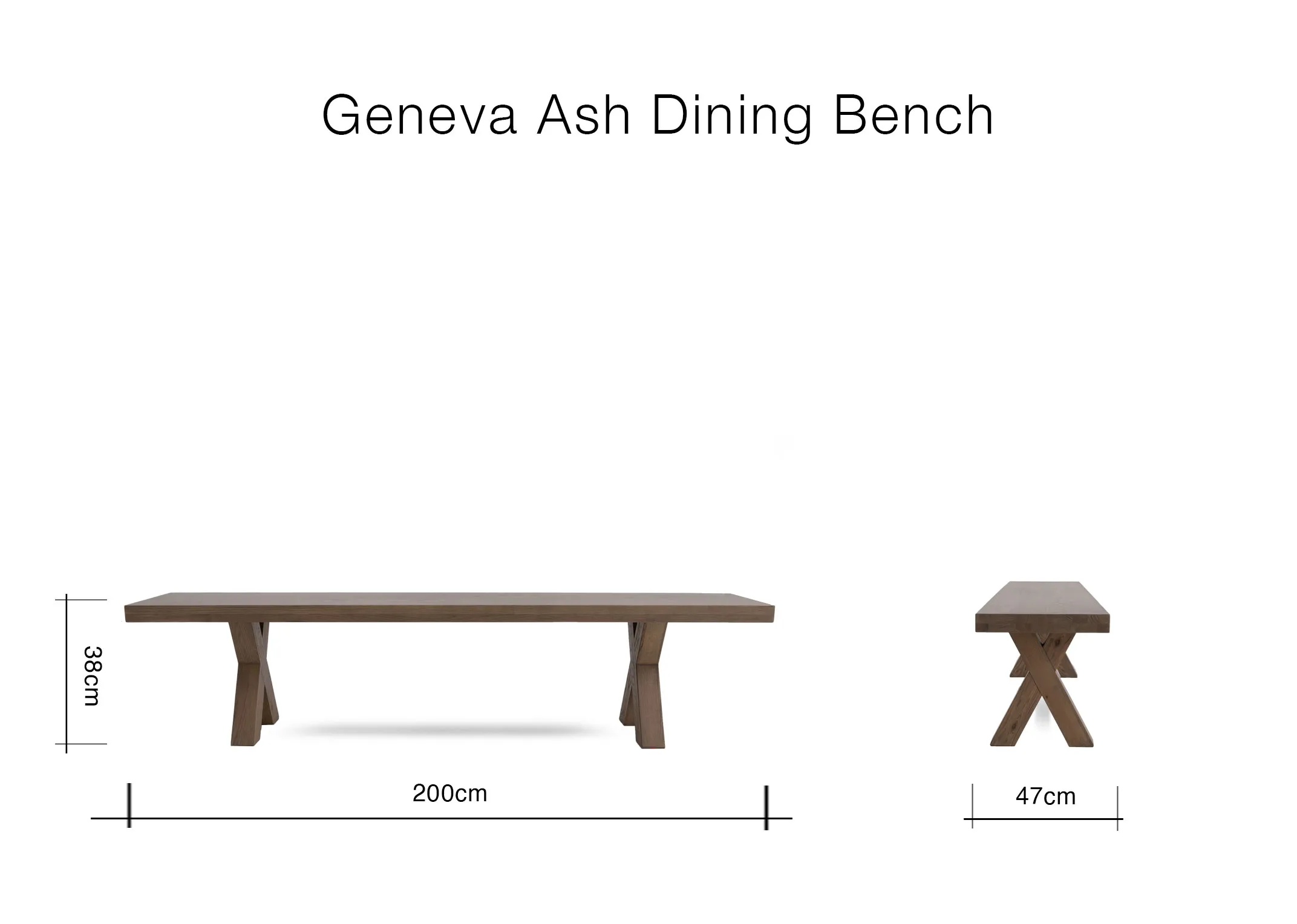 A dimension image of the Geneva bench with 200cm x 47cm