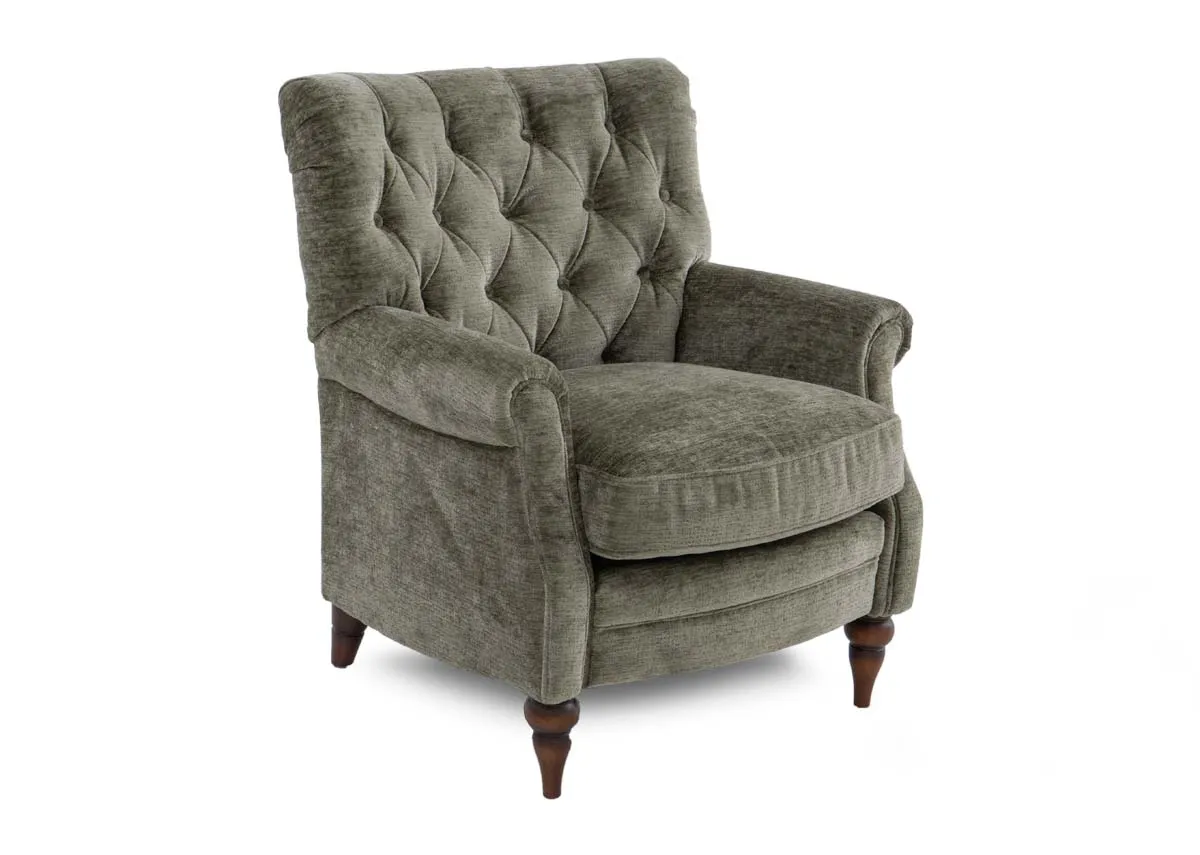 A green fabric accent chair from EZ Living Furnitures Hudson range. Angled view of tufted button detail