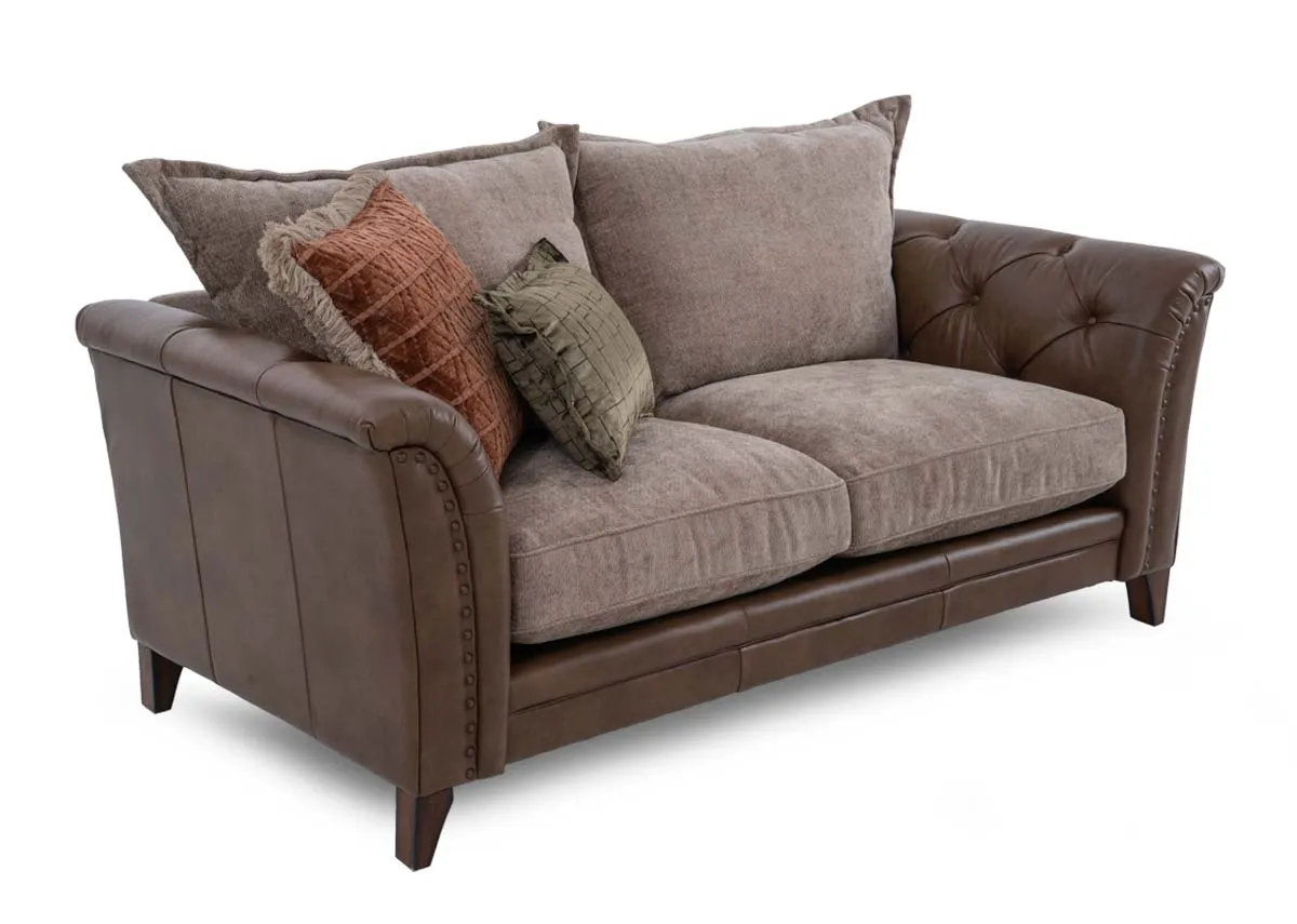 2 Seater Brown Fabric & Leather Highback Sofa - Savannah