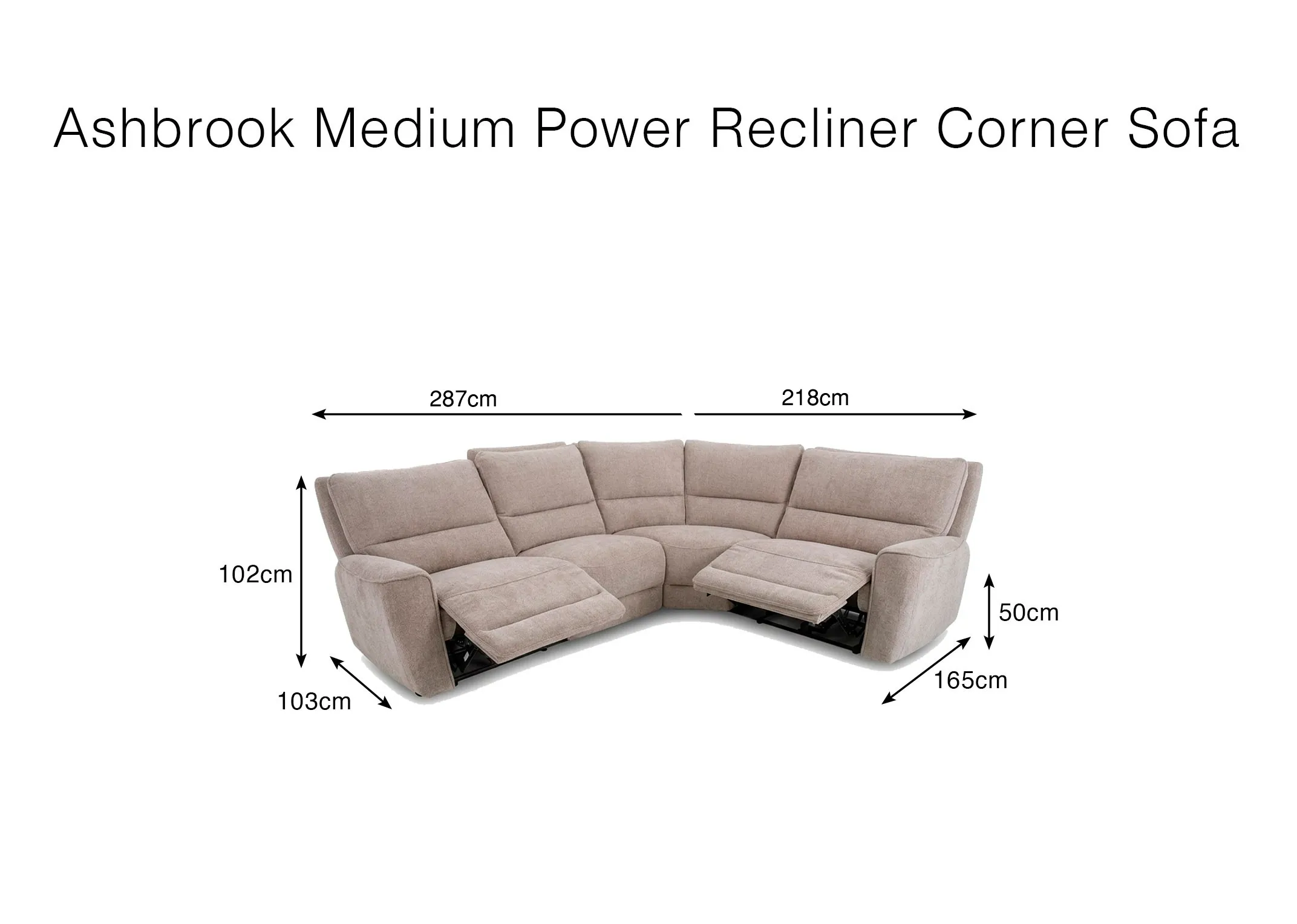 A dimension image of the Ashbrook Medium sofa with 102cm Height x 287cm & 218cm W 103cm -165cm Depth and 50cm SH