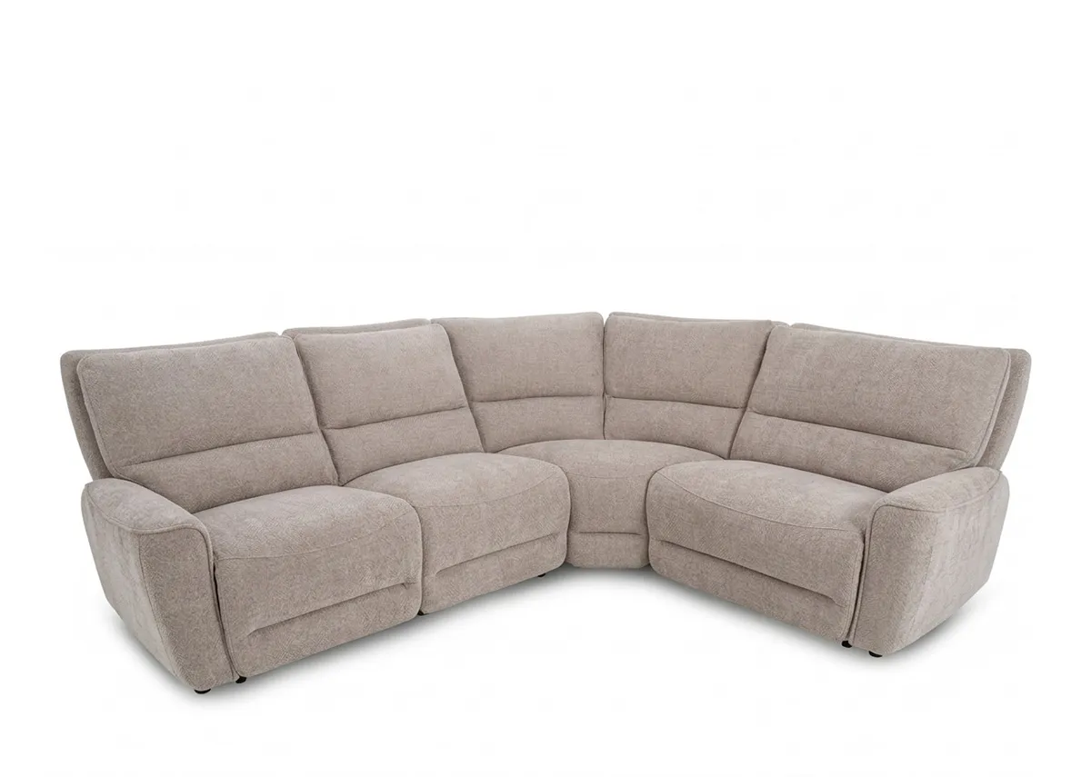 A beige fabric medium modular corner sofa from EZ Livings Ashbrook range. Angled view of sofa in fixed position.