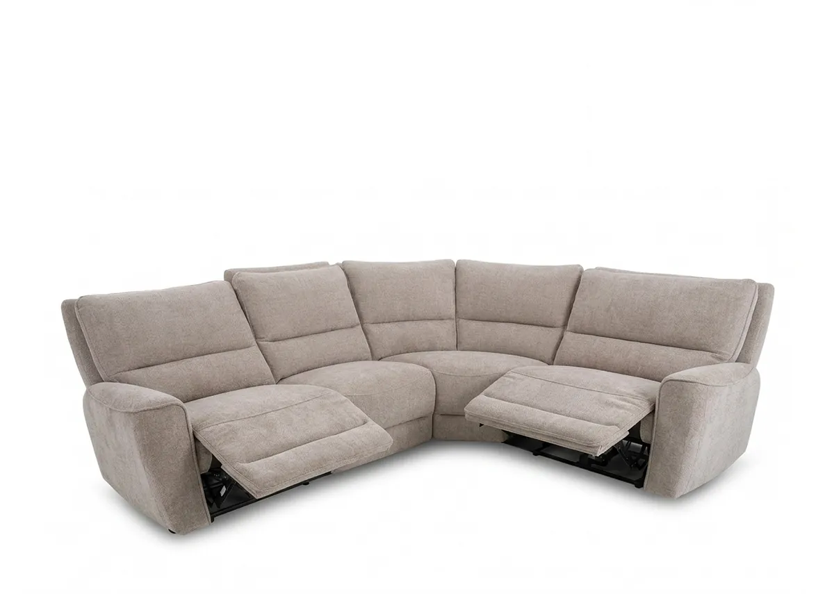 A beige fabric corner sofa from EZ Livings Ashbrook range. Closeup of power and usb port on the armrest on both ends.