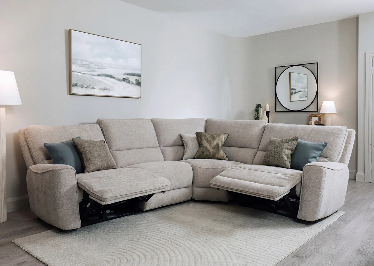 Medium Beige Fabric Power Reclining Corner Sofa with USB - Ashbrook