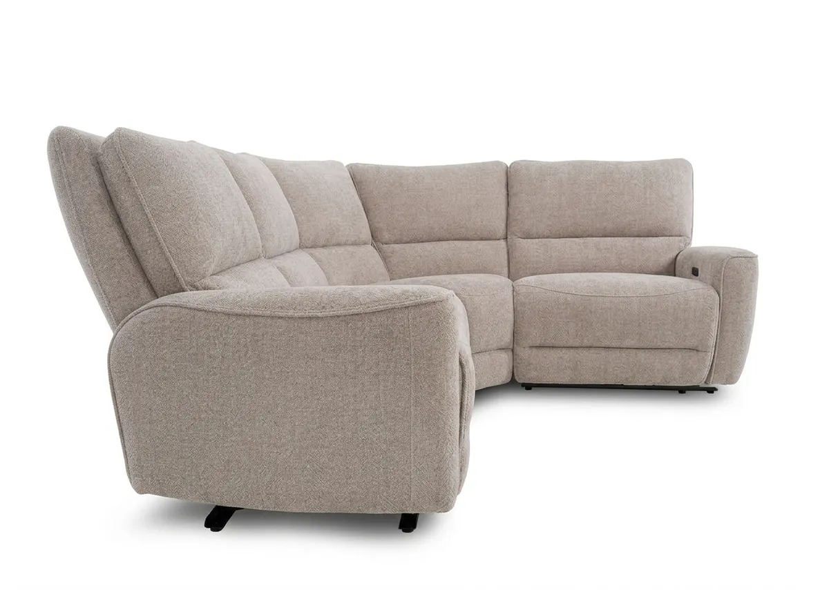 A beige fabric medium modular corner sofa from EZ Livings Ashbrook range. Back view shows all parts modular