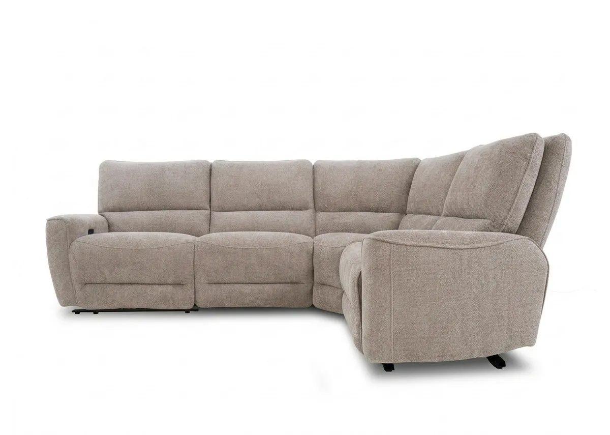 A beige fabric medium modular corner sofa from EZ Livings Ashbrook range. Reverse side view
