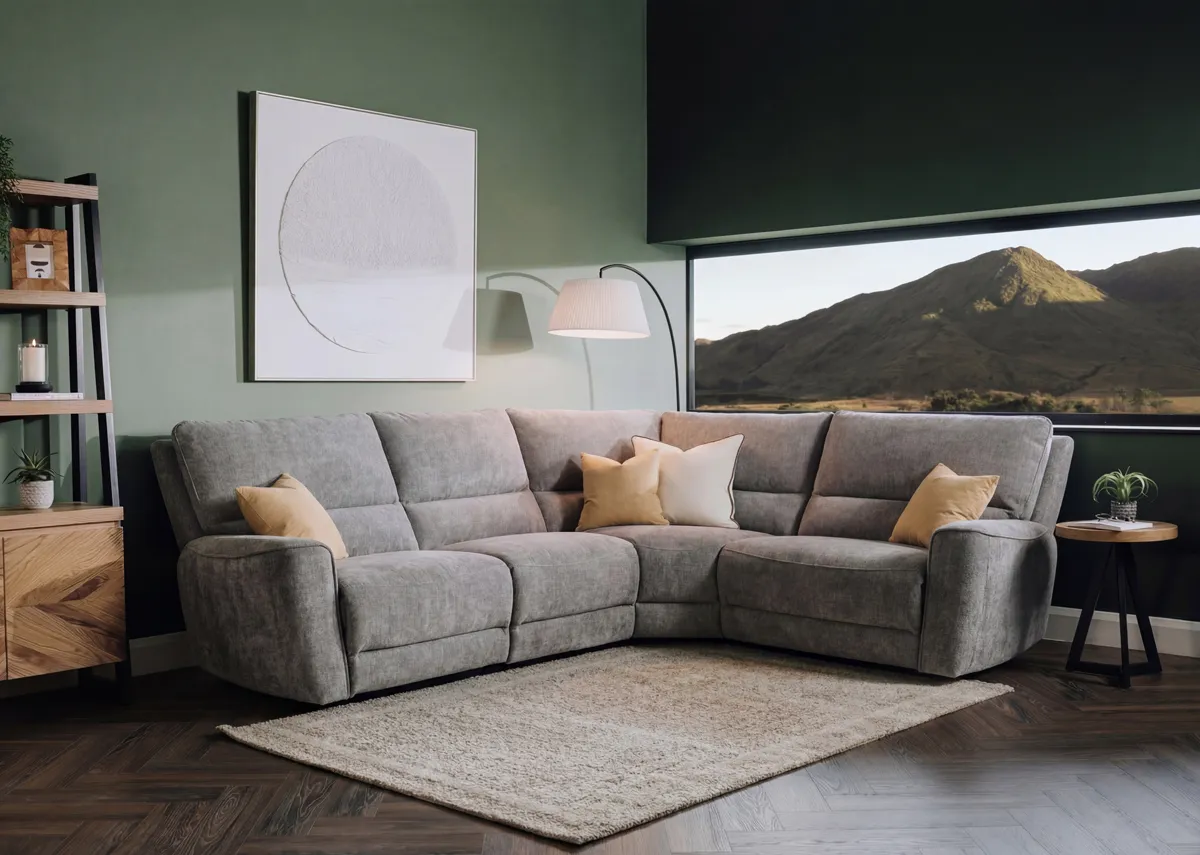 A lifestyle image of the Ashbrook medium grey corner sofa with Pathways canvas.