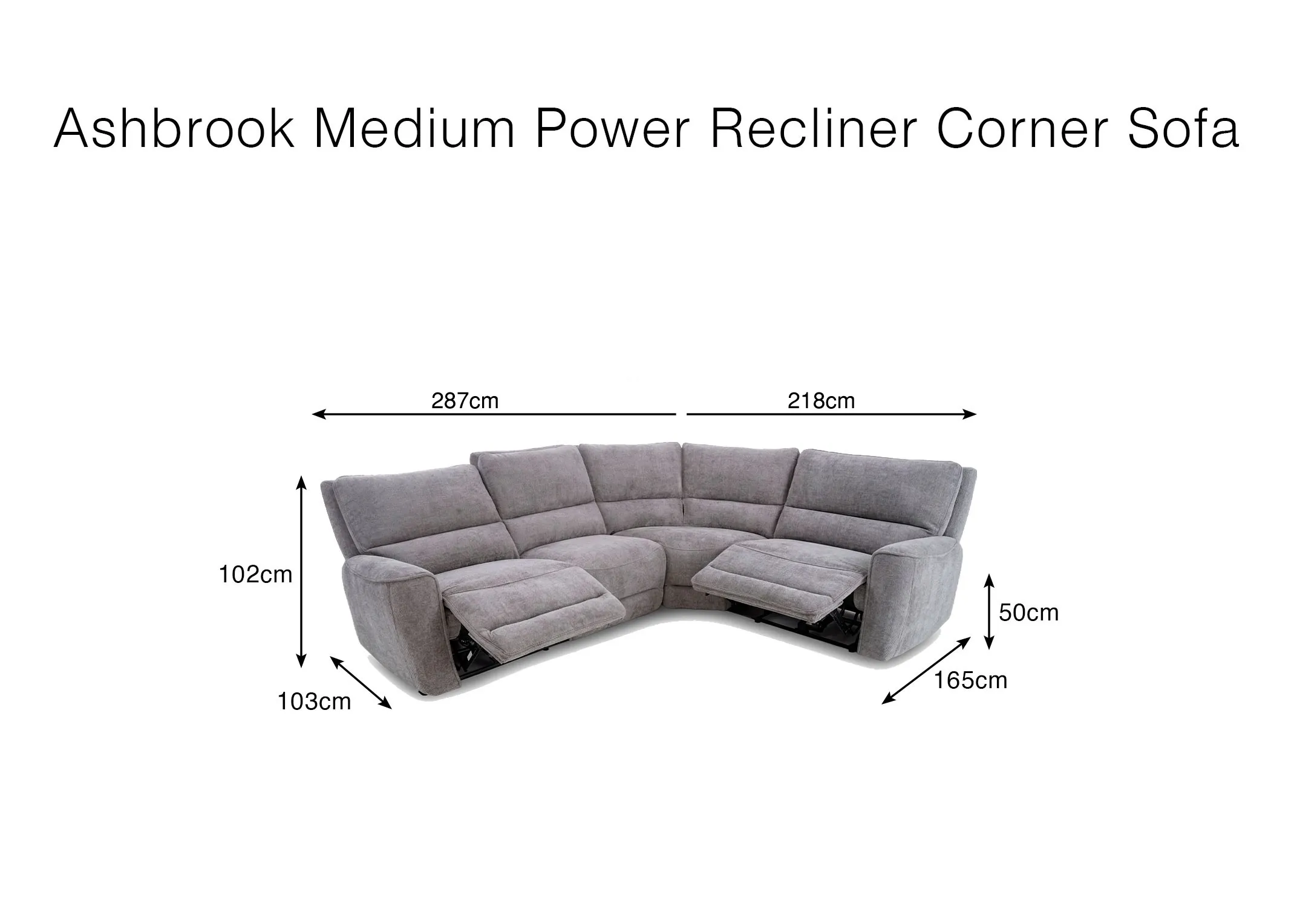 A dimension image of the Ashbrook Medium sofa with 102cm Height x 287cm & 218cm W 103cm -165cm Depth and 50cm SH