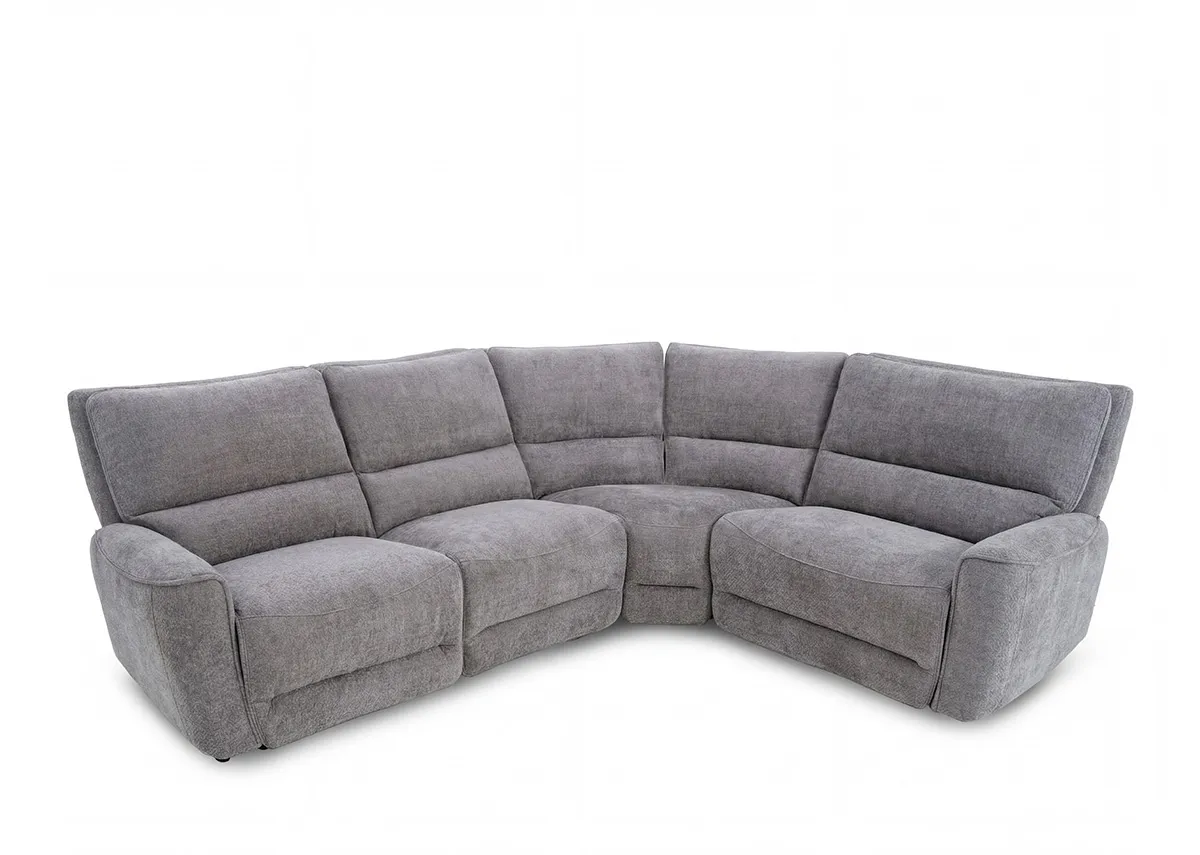 A grey fabric medium modular corner sofa from EZ Livings Ashbrook range. Angled view of sofa in fixed position.