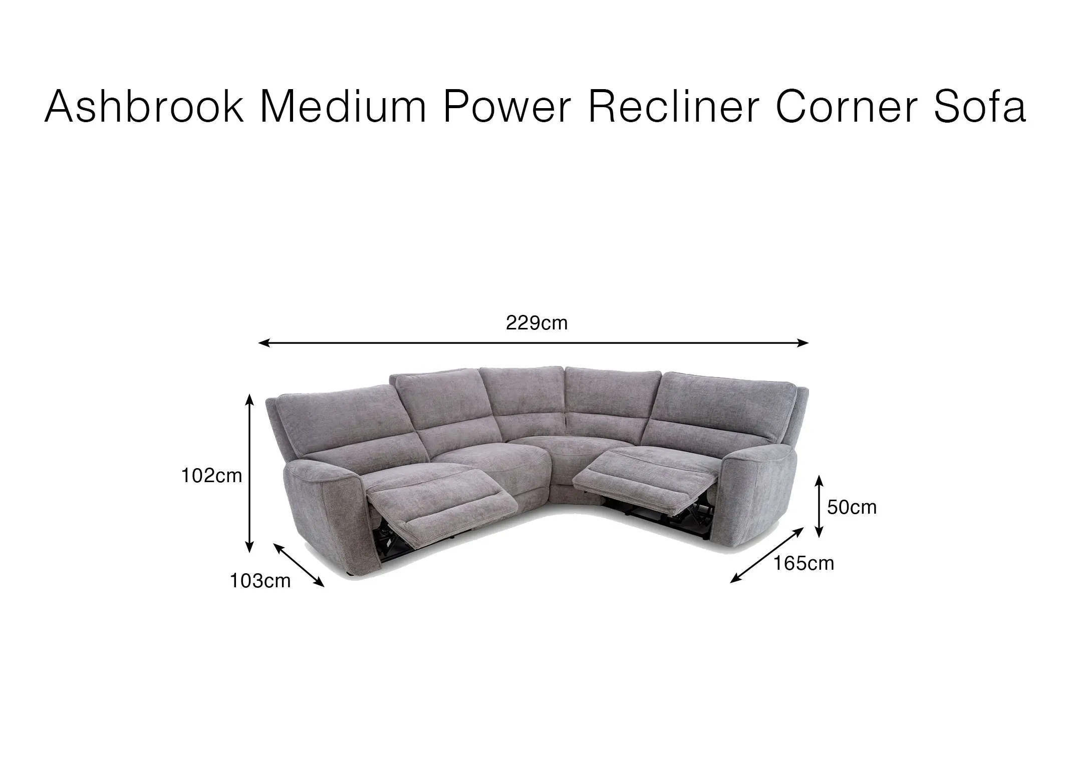 A dimension image of the Ashbrook Medium Corenr sofa with 102cm Height x 229cm Width 103cm -165cm Depth and 50cm SH