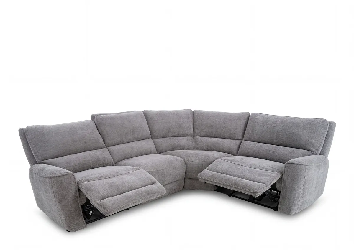 A grey fabric medium modular corner sofa from EZ Livings Ashbrook range. Angled view with 2 end seats fully reclined.